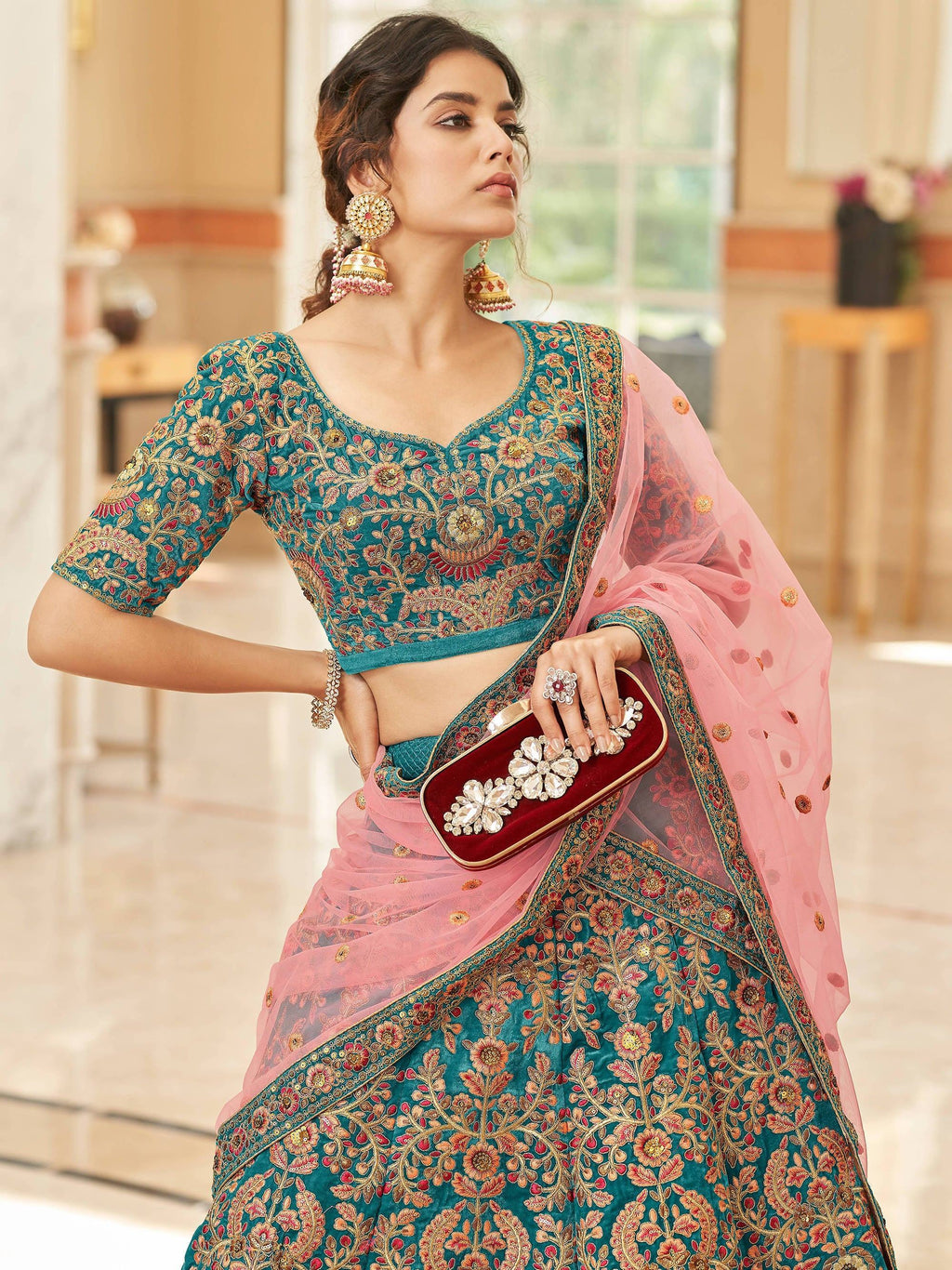Teal Ravishing Heavy Embroidered Velvet Bridesmaid Lehenga Choli