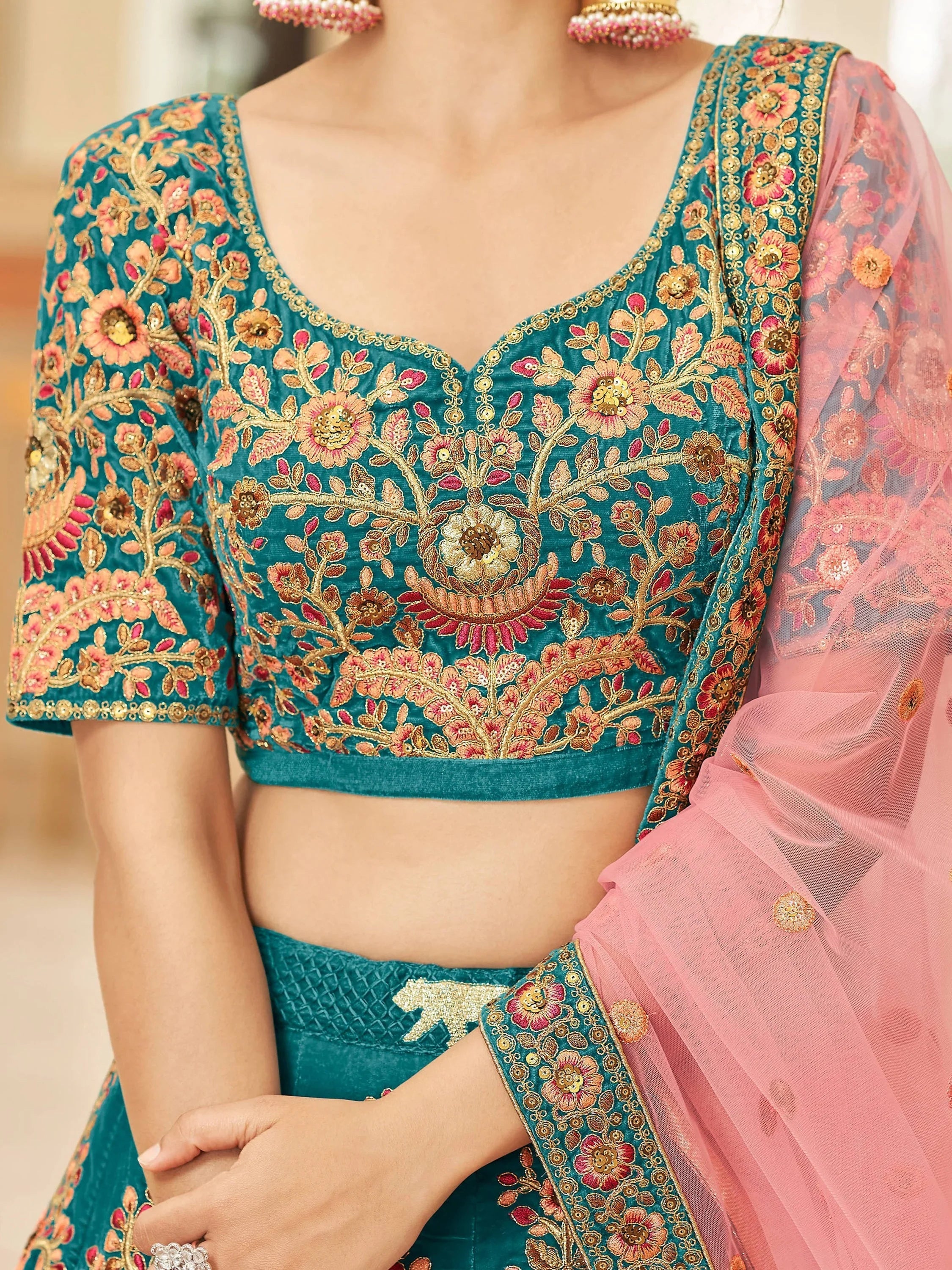 Precious Blue Embroidered Velvet Marriage Wear Plus Size Lehenga Choli