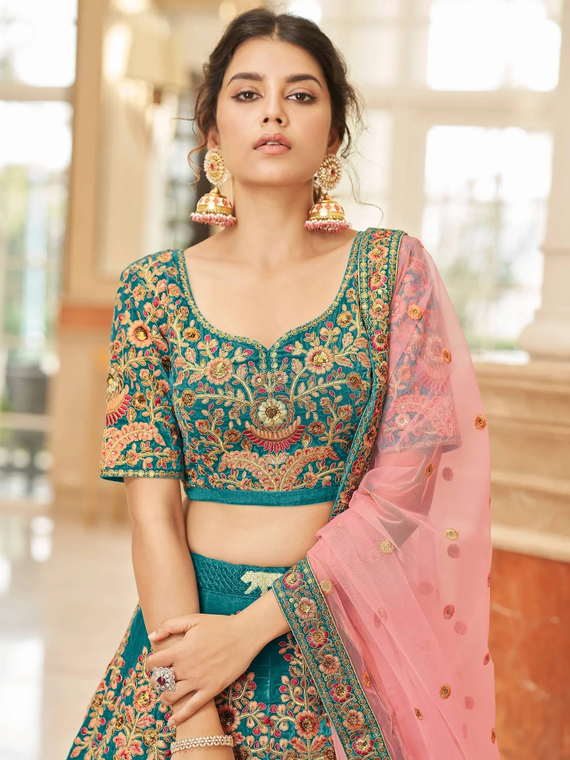 Teal Ravishing Heavy Embroidered Velvet Bridesmaid Lehenga Choli