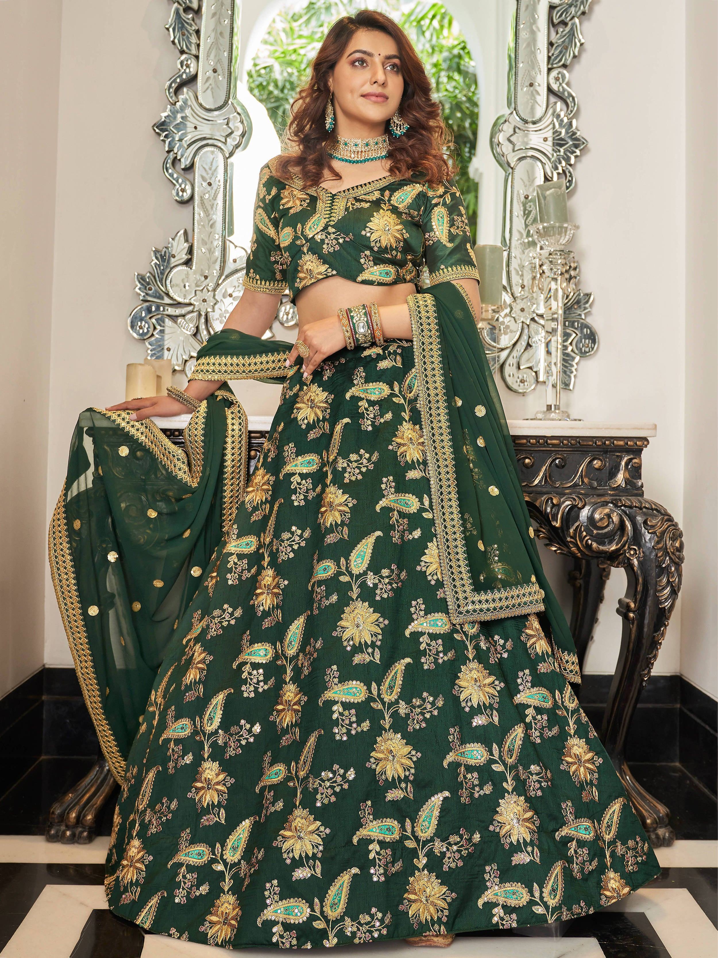 Green Prodigious Thread Embroidery Art Silk Wedding Lehenga Choli