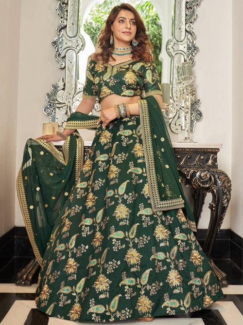 Green Prodigious Thread Embroidery Art Silk Wedding Lehenga Choli
