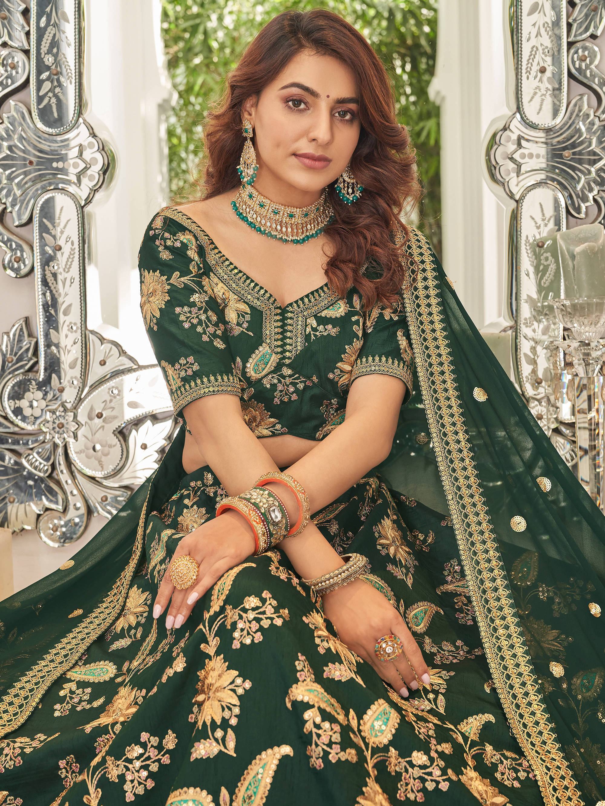 Green Prodigious Thread Embroidery Art Silk Wedding Lehenga Choli