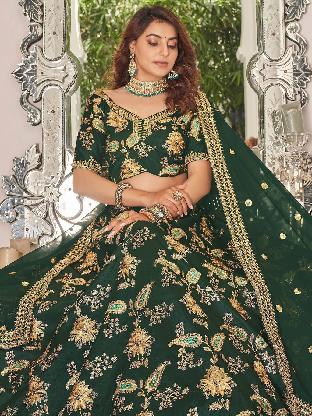 Green Prodigious Thread Embroidery Art Silk Wedding Lehenga Choli