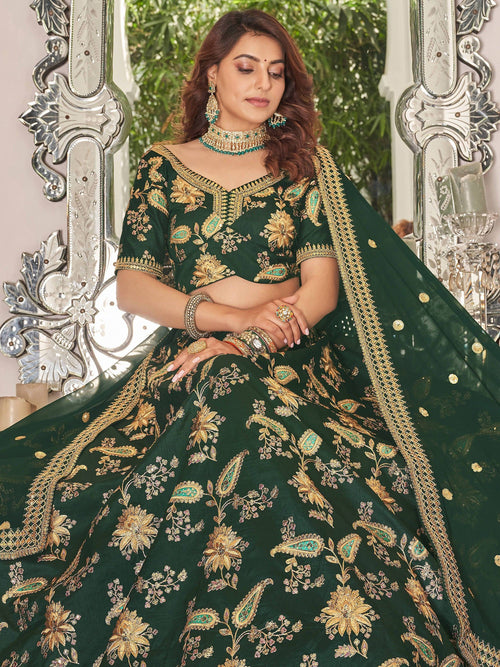 Green Prodigious Thread Embroidery Art Silk Wedding Lehenga Choli