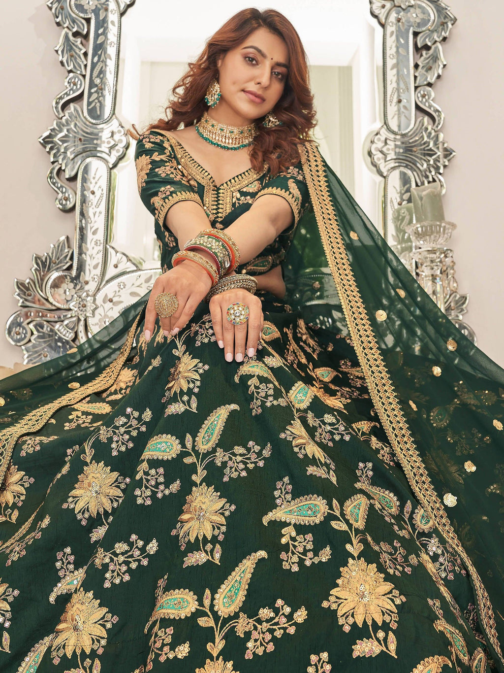 Green Prodigious Thread Embroidery Art Silk Wedding Lehenga Choli