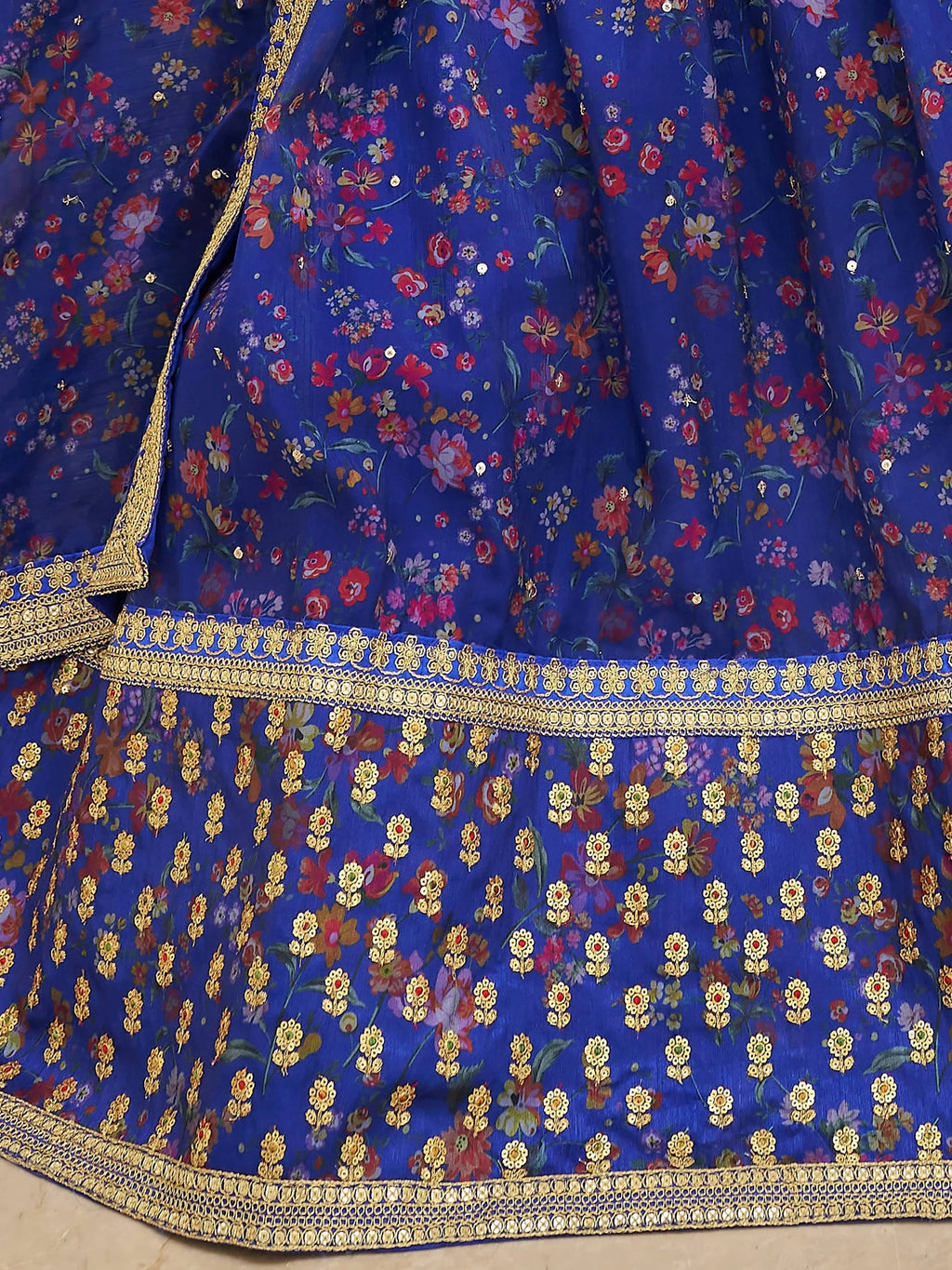 Majestic Blue Floral Printed Organza Bridesmaid Plus Size Lehenga Choli