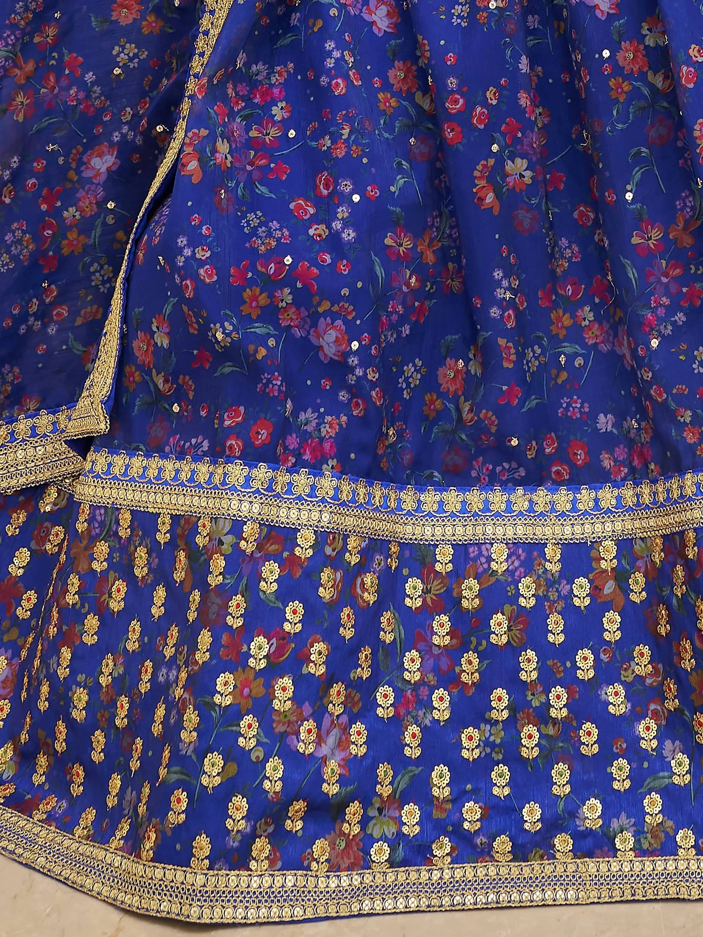 Majestic Blue Floral Printed Organza Bridesmaid Plus Size Lehenga Choli