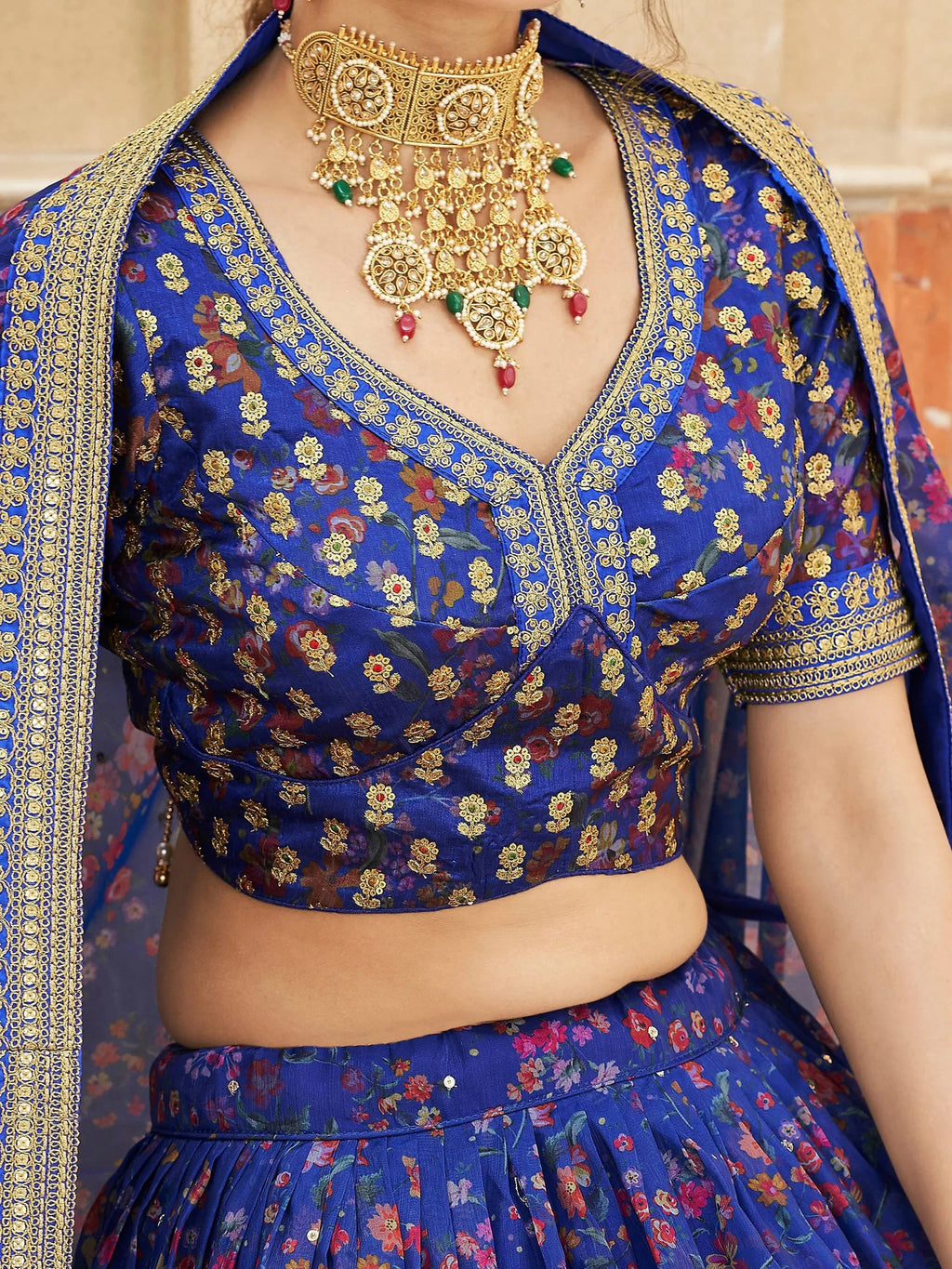 Majestic Blue Floral Printed Organza Bridesmaid Plus Size Lehenga Choli
