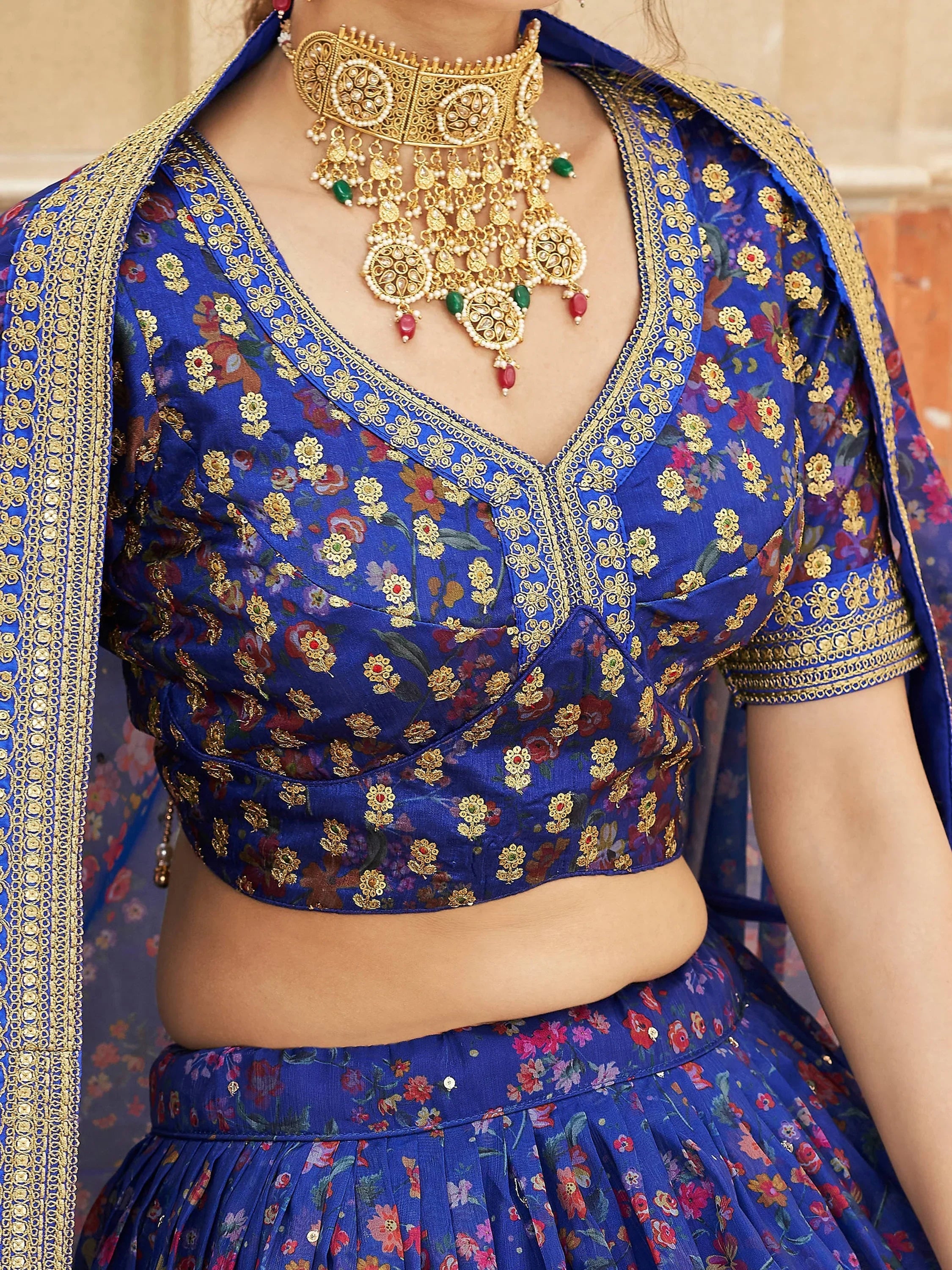 Majestic Blue Floral Printed Organza Bridesmaid Plus Size Lehenga Choli
