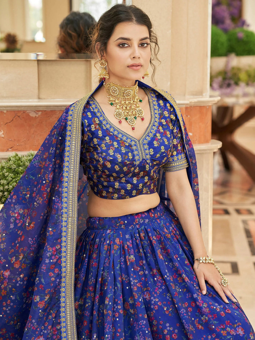 Majestic Blue Floral Printed Organza Bridesmaid Plus Size Lehenga Choli