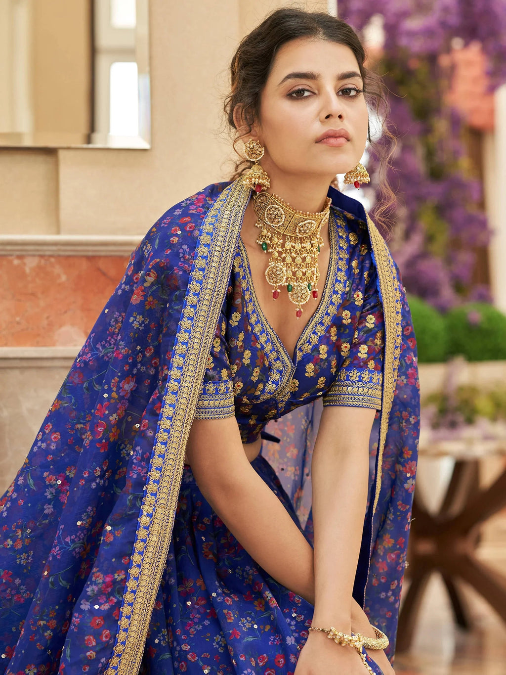 Majestic Blue Floral Printed Organza Bridesmaid Plus Size Lehenga Choli