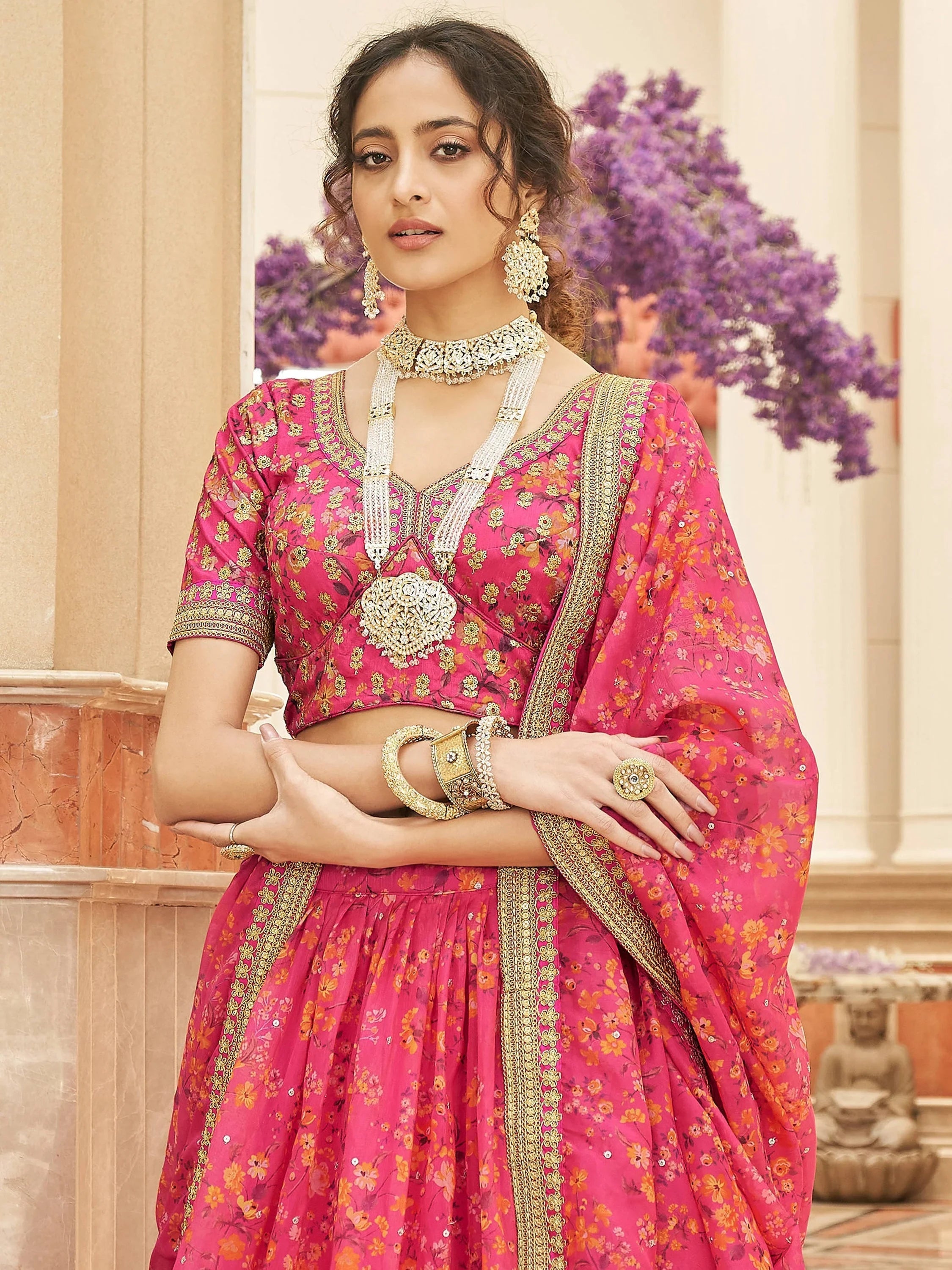 Marvelous Pink Embroidered Organza Wedding Wear Plus Size Lehenga Choli
