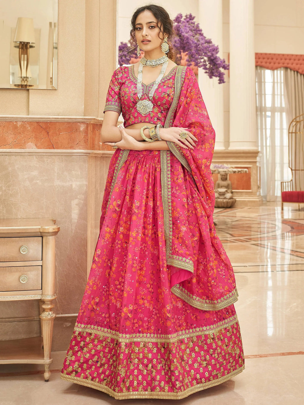 Marvelous Pink Embroidered Organza Wedding Wear Plus Size Lehenga Choli