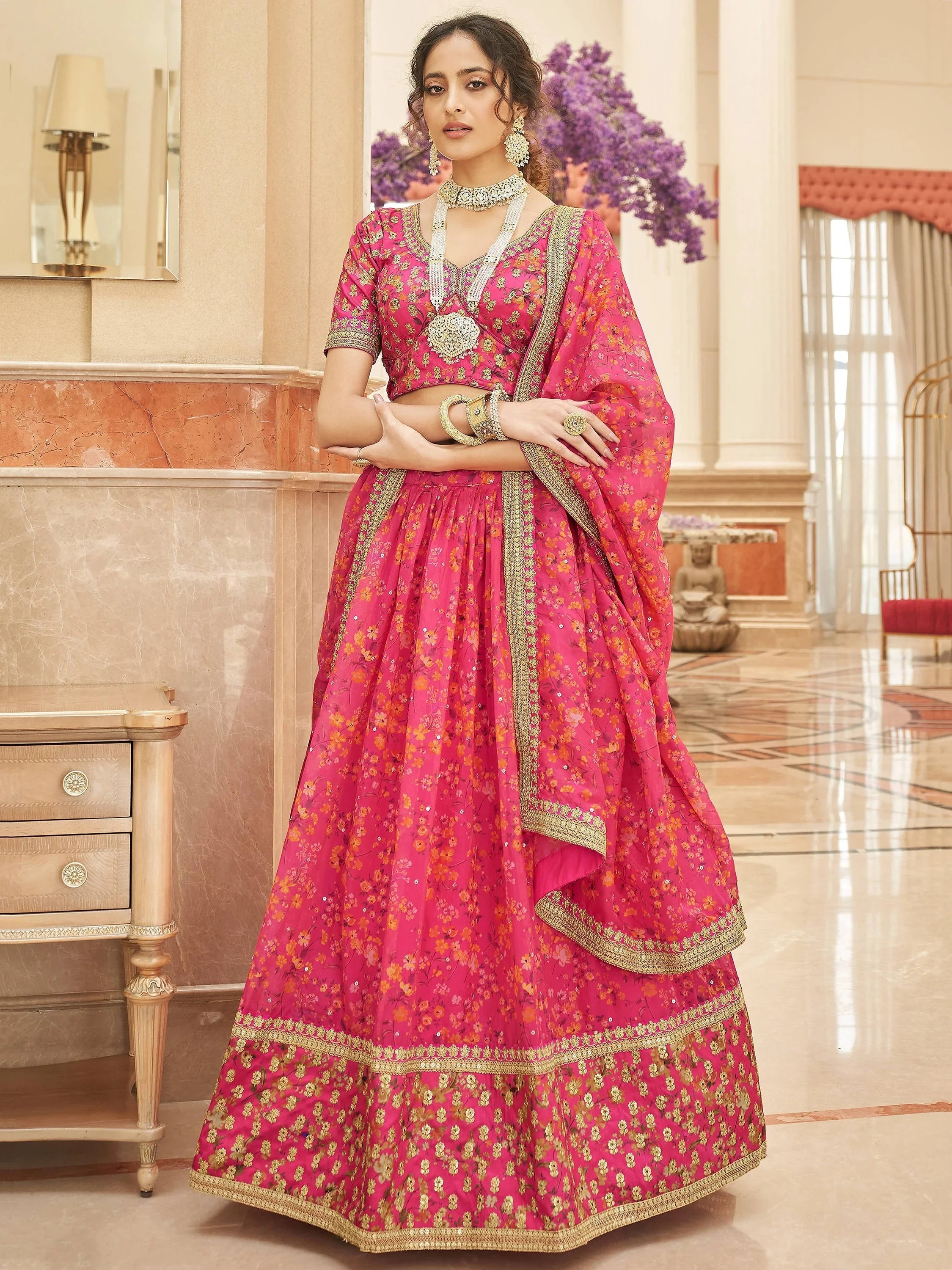 Marvelous Pink Embroidered Organza Wedding Wear Plus Size Lehenga Choli