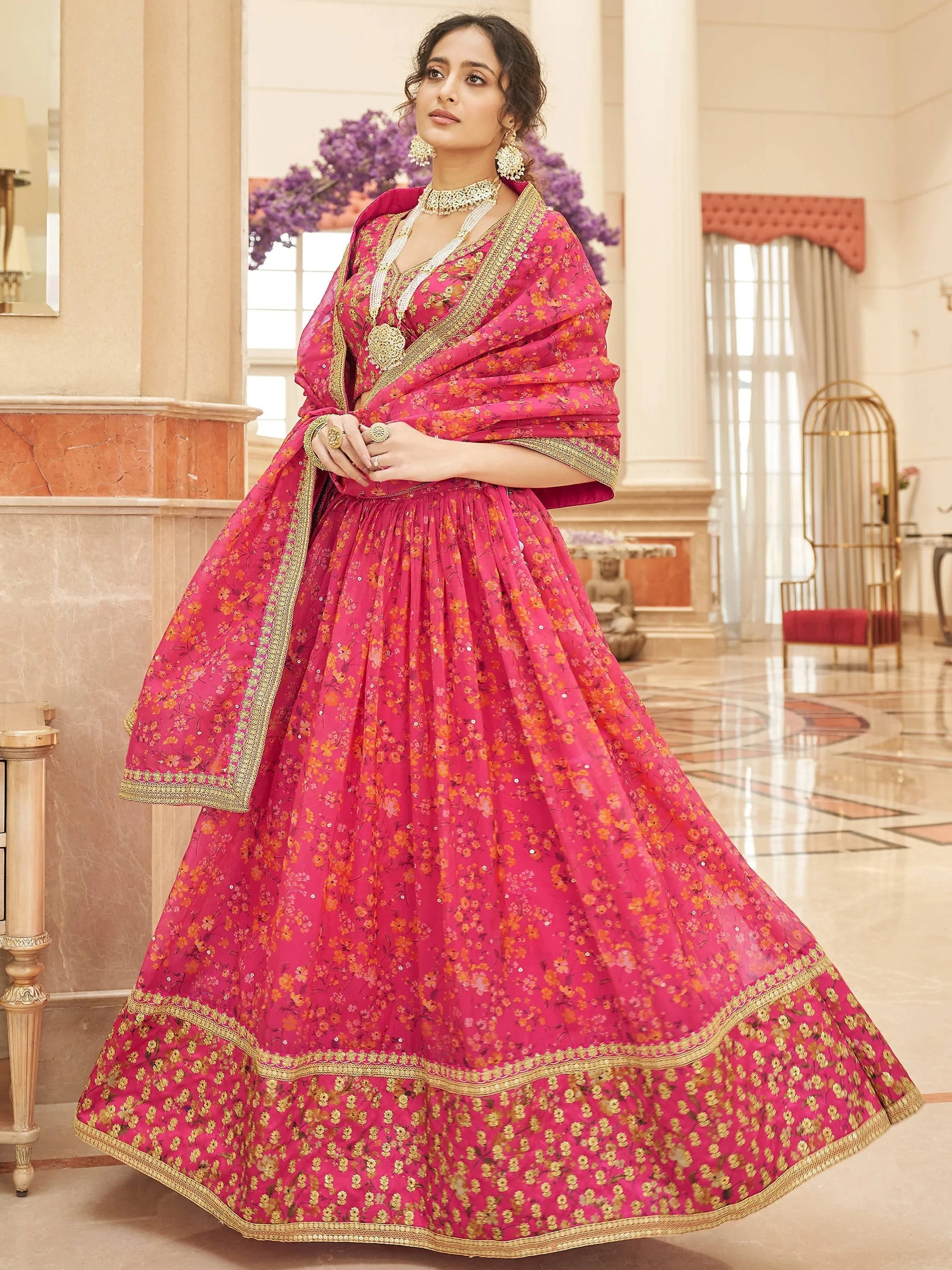 Marvelous Pink Embroidered Organza Wedding Wear Plus Size Lehenga Choli