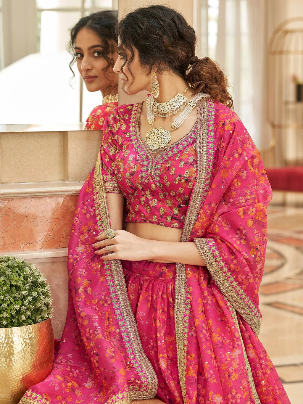 Marvelous Pink Embroidered Organza Wedding Wear Plus Size Lehenga Choli