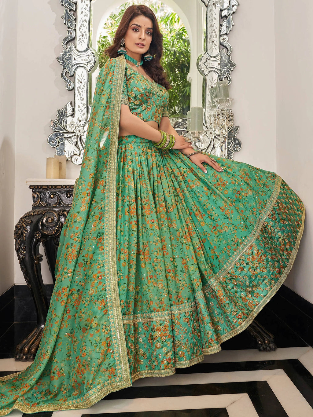 Artistic Green Embroidered Organza Function Wear Plus Size Lehenga Choli