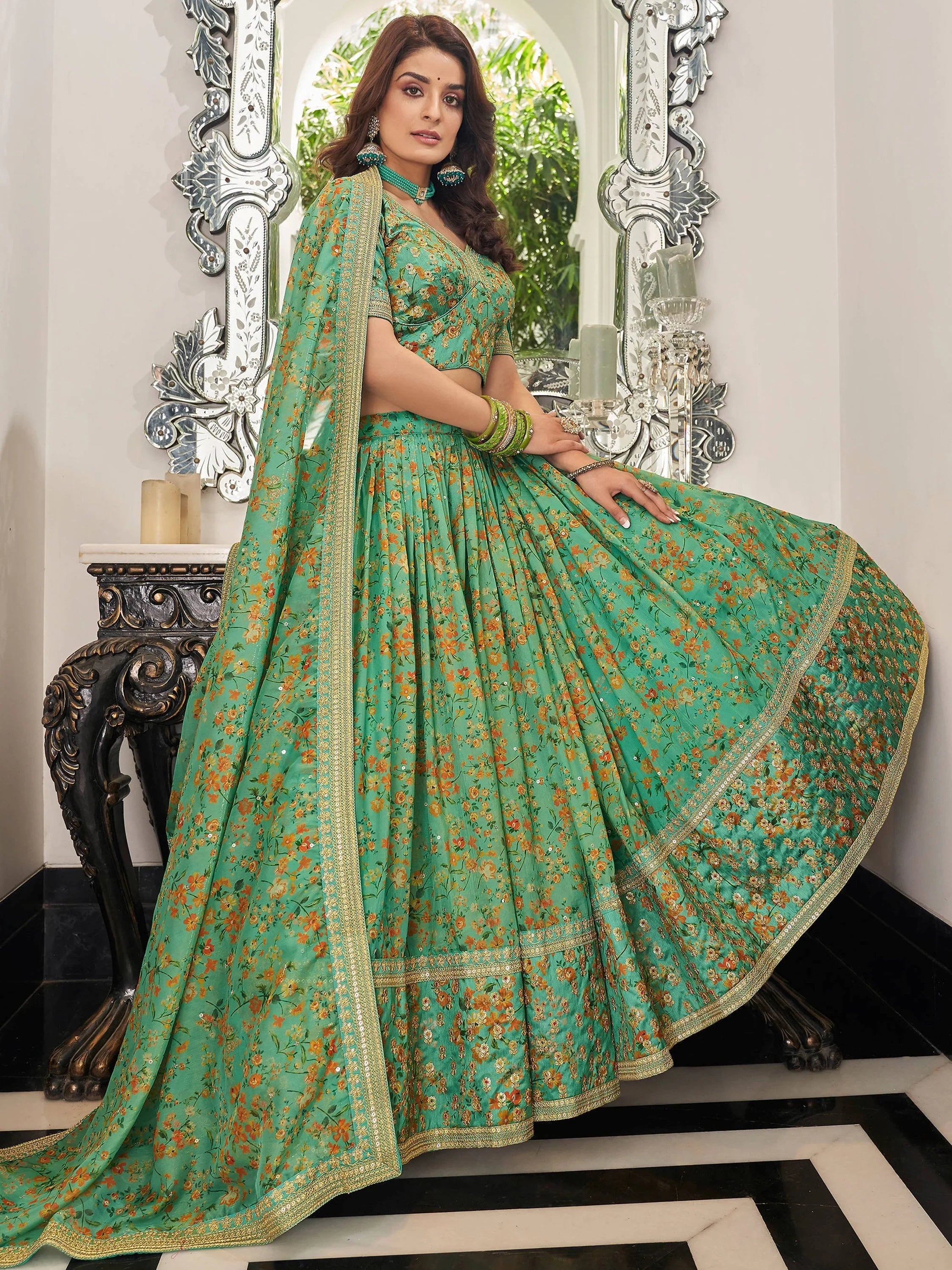 Artistic Green Embroidered Organza Function Wear Plus Size Lehenga Choli
