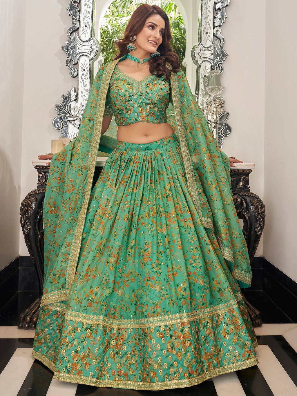 Artistic Green Embroidered Organza Function Wear Plus Size Lehenga Choli