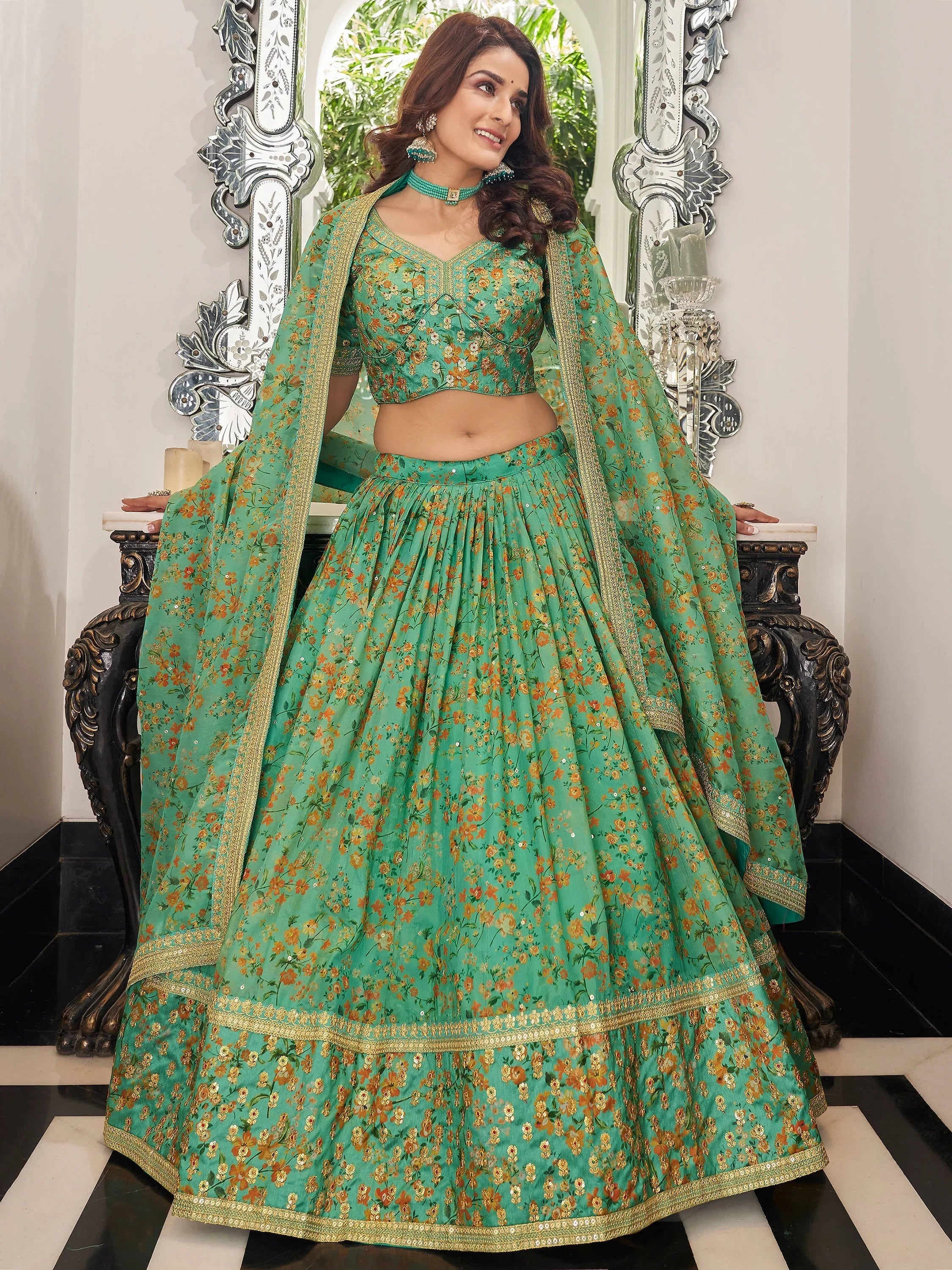 Artistic Green Embroidered Organza Function Wear Plus Size Lehenga Choli