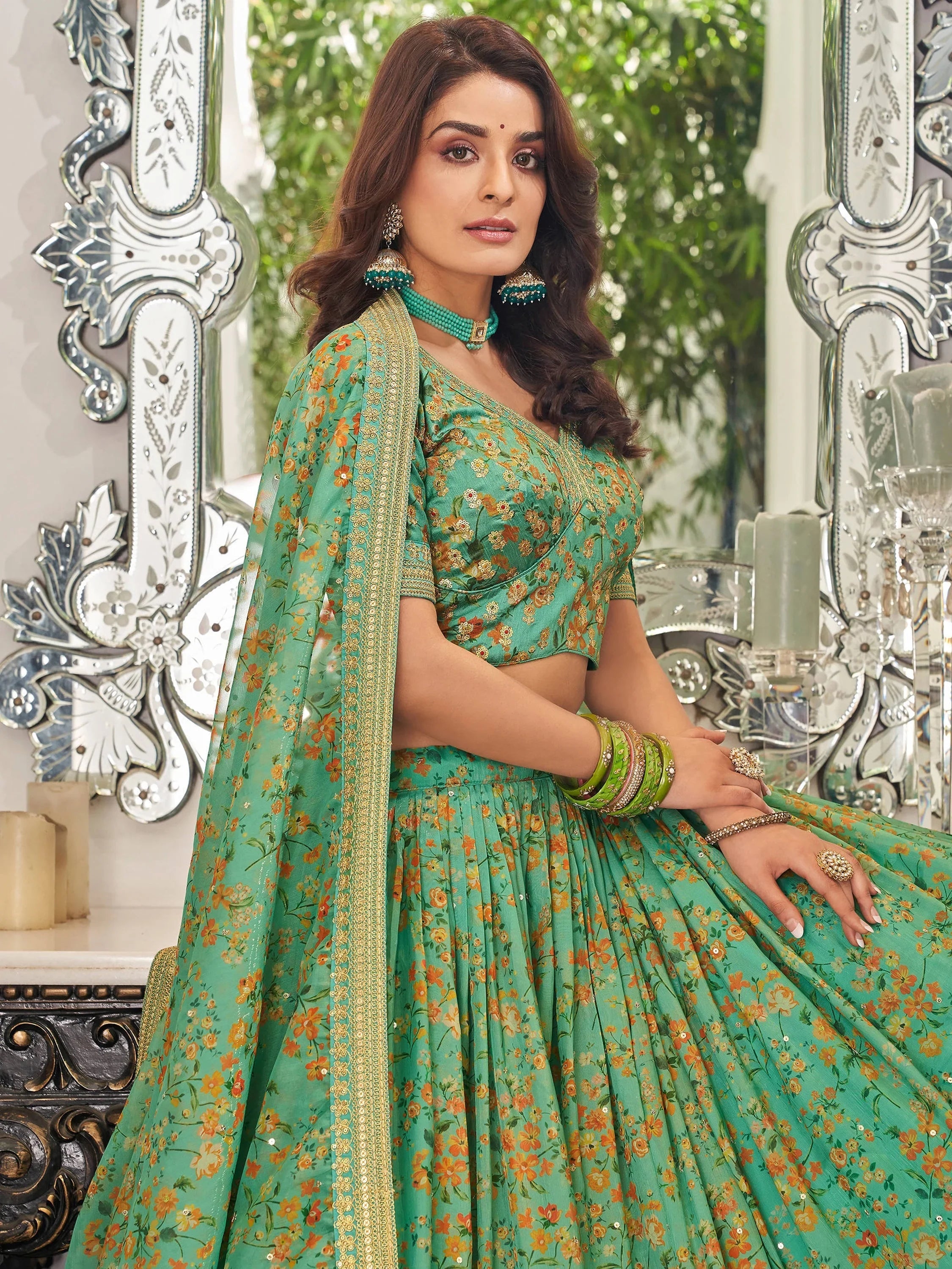 Artistic Green Embroidered Organza Function Wear Plus Size Lehenga Choli