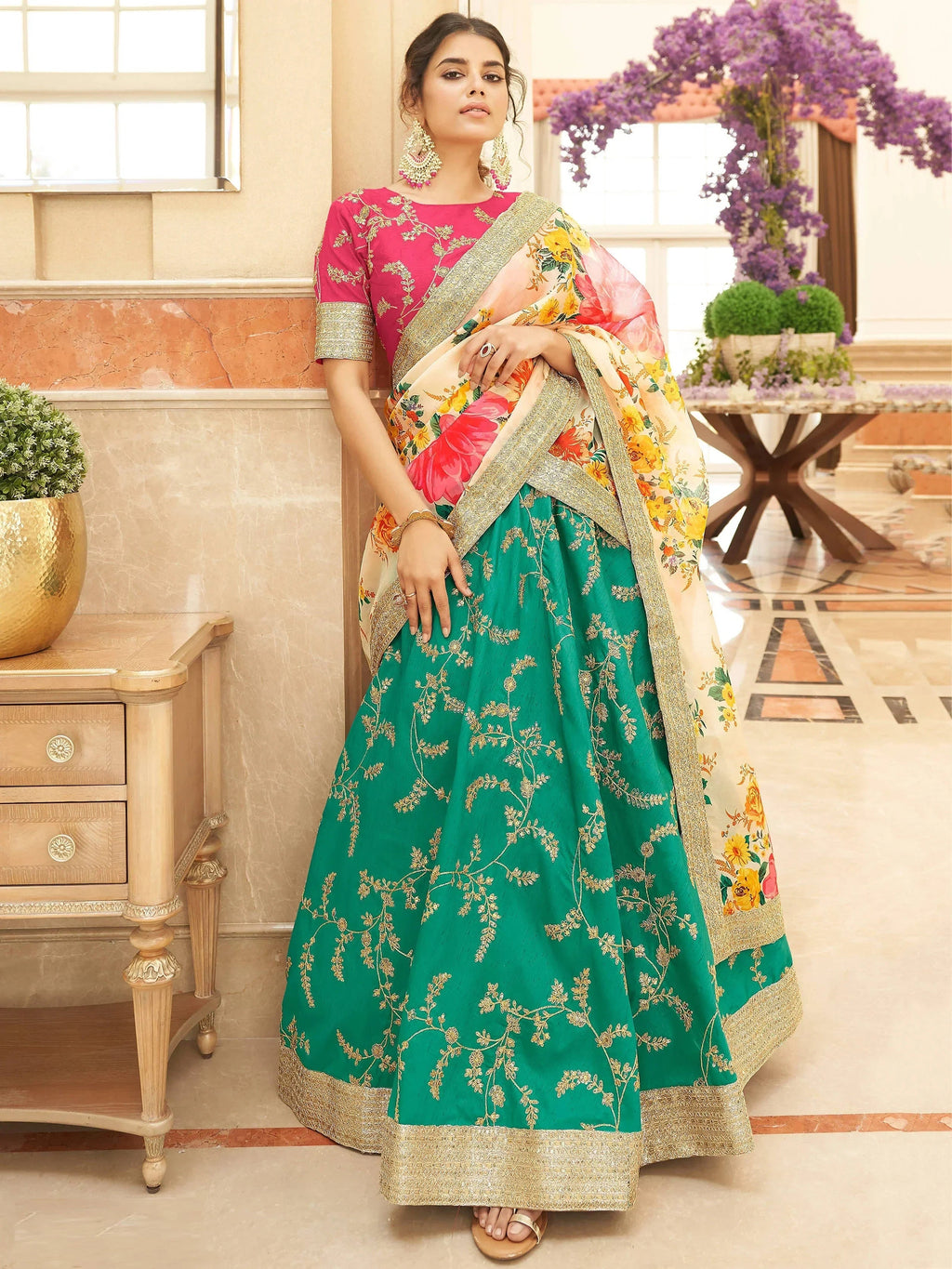 Green Enthralling Sequins Work Art Silk Sangeet Wear Lehenga Choli