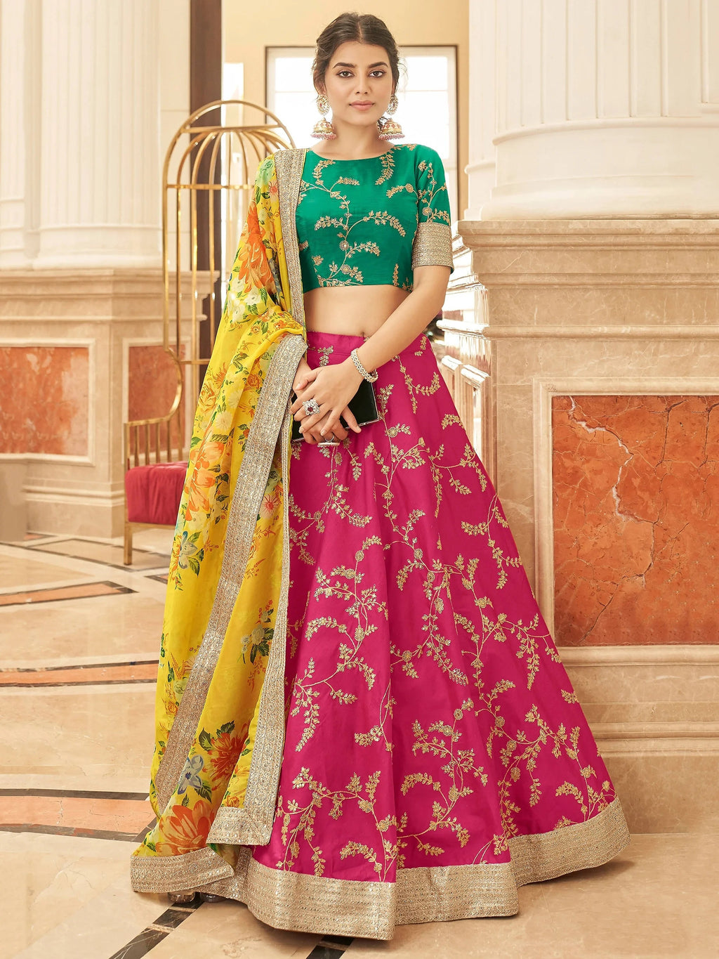 Stylish Pink Embroidered Silk Wedding Wear Plus Size Lehenga Choli