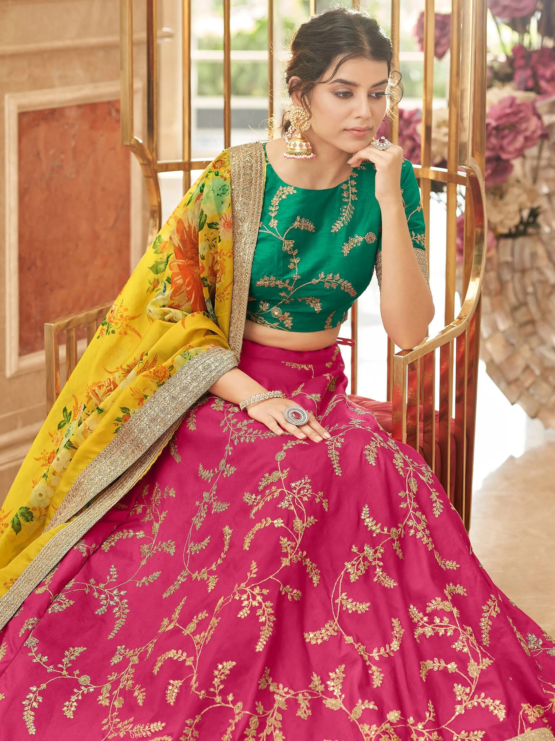 Stylish Pink Embroidered Silk Wedding Wear Plus Size Lehenga Choli