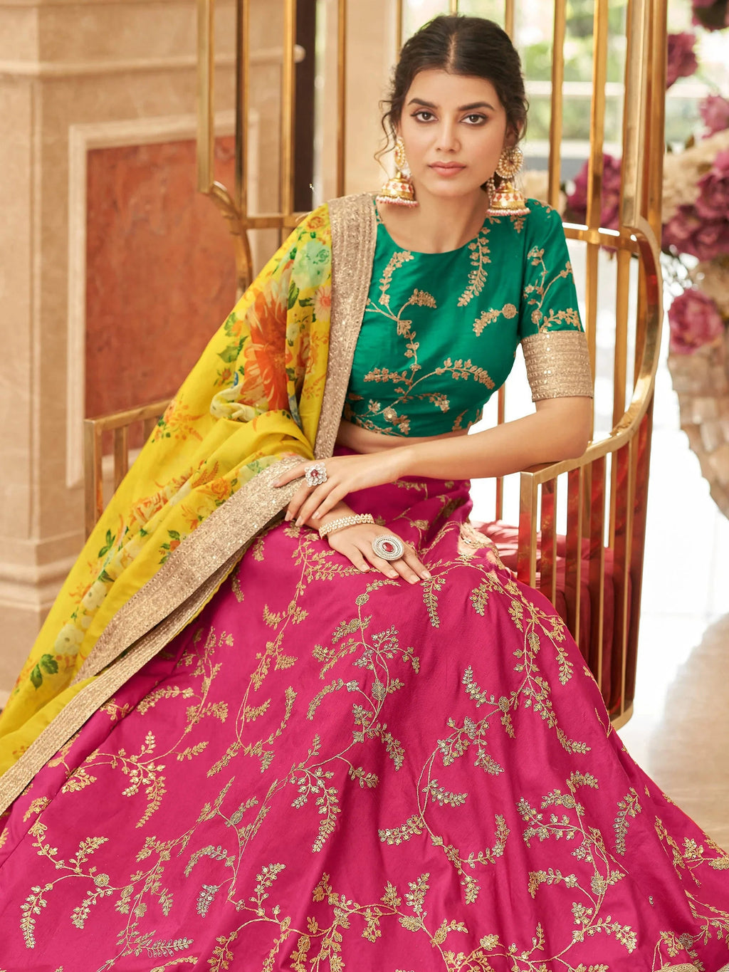 Stylish Pink Embroidered Silk Wedding Wear Plus Size Lehenga Choli