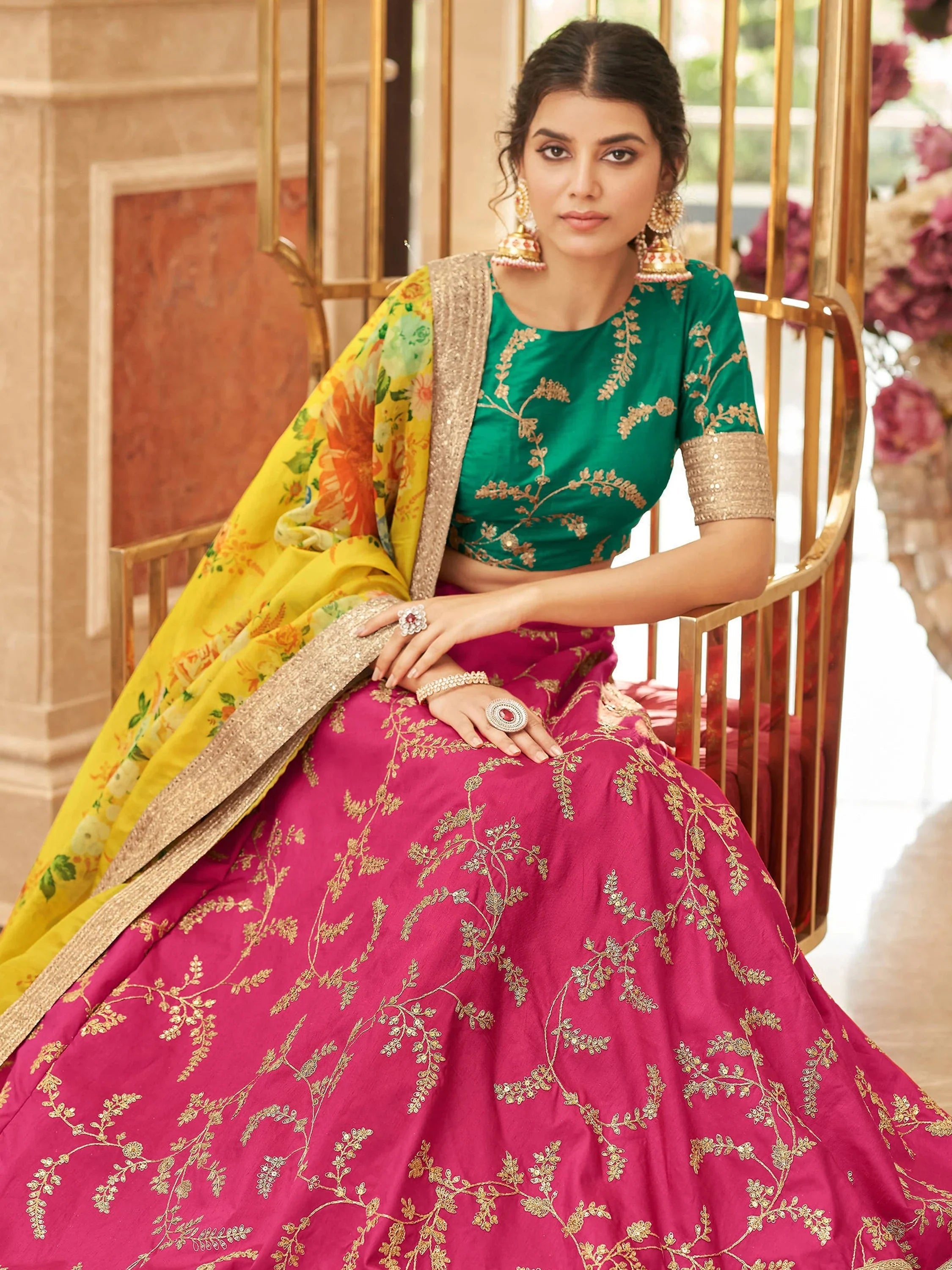 Stylish Pink Embroidered Silk Wedding Wear Plus Size Lehenga Choli