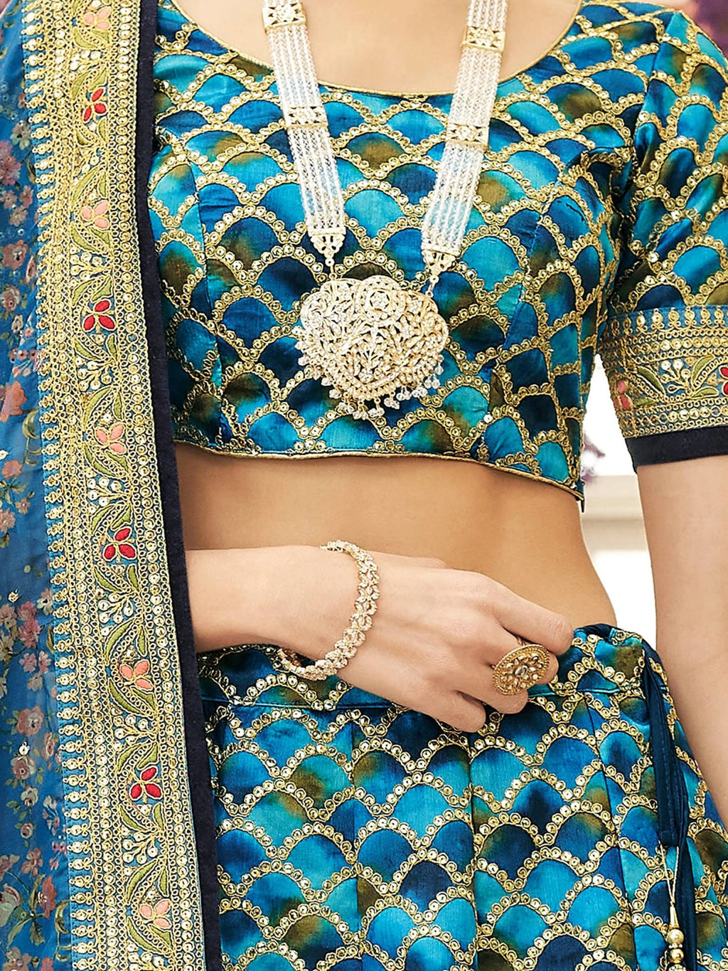 Elegant Blue Embroidered Silk Sangeet Wear Plus Size Lehenga Choli