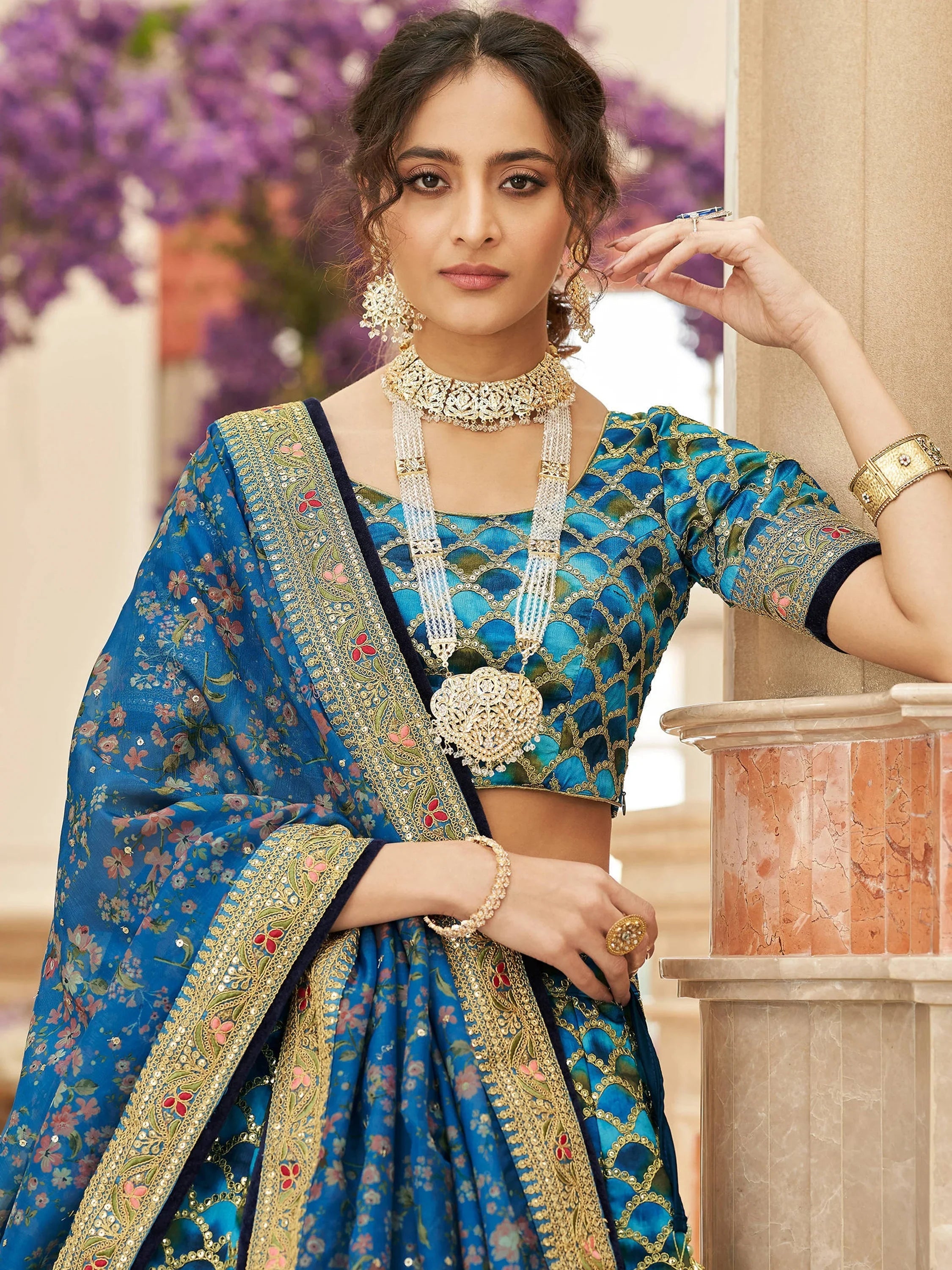 Elegant Blue Embroidered Silk Sangeet Wear Plus Size Lehenga Choli