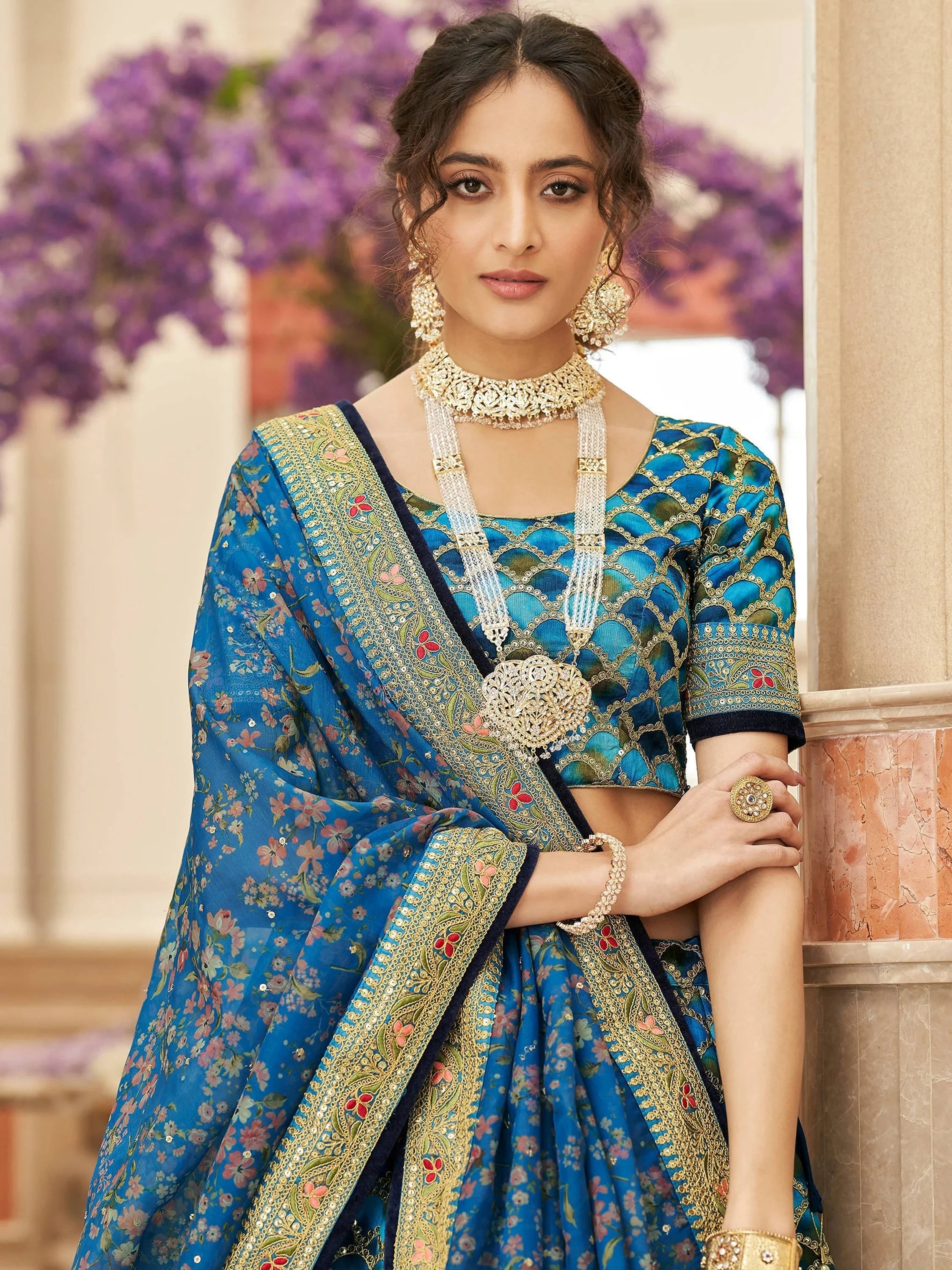 Elegant Blue Embroidered Silk Sangeet Wear Plus Size Lehenga Choli