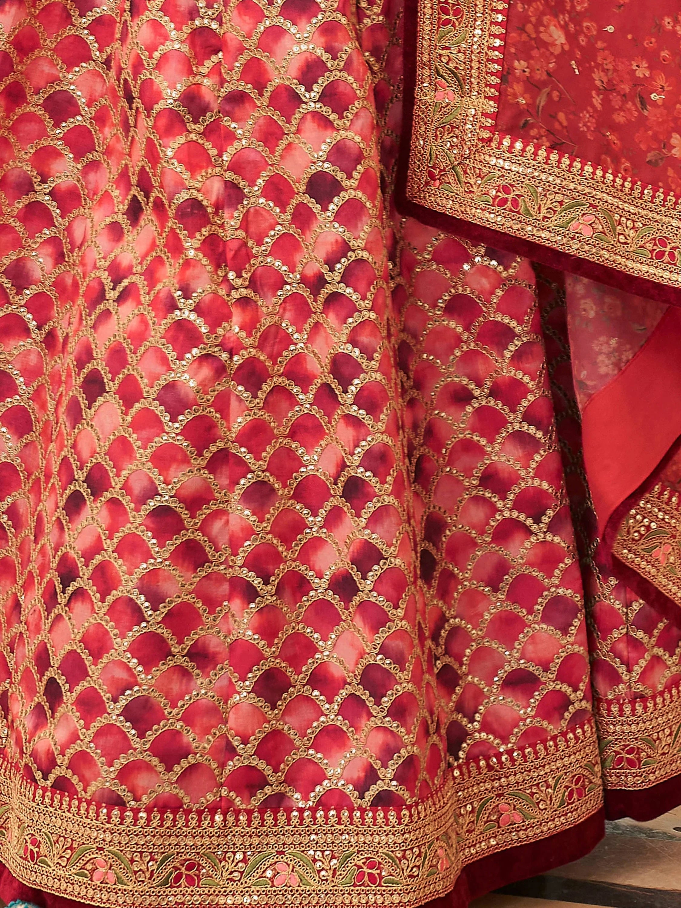 Alluring Red Embroidered Silk Function Wear Plus Size Lehenga Choli