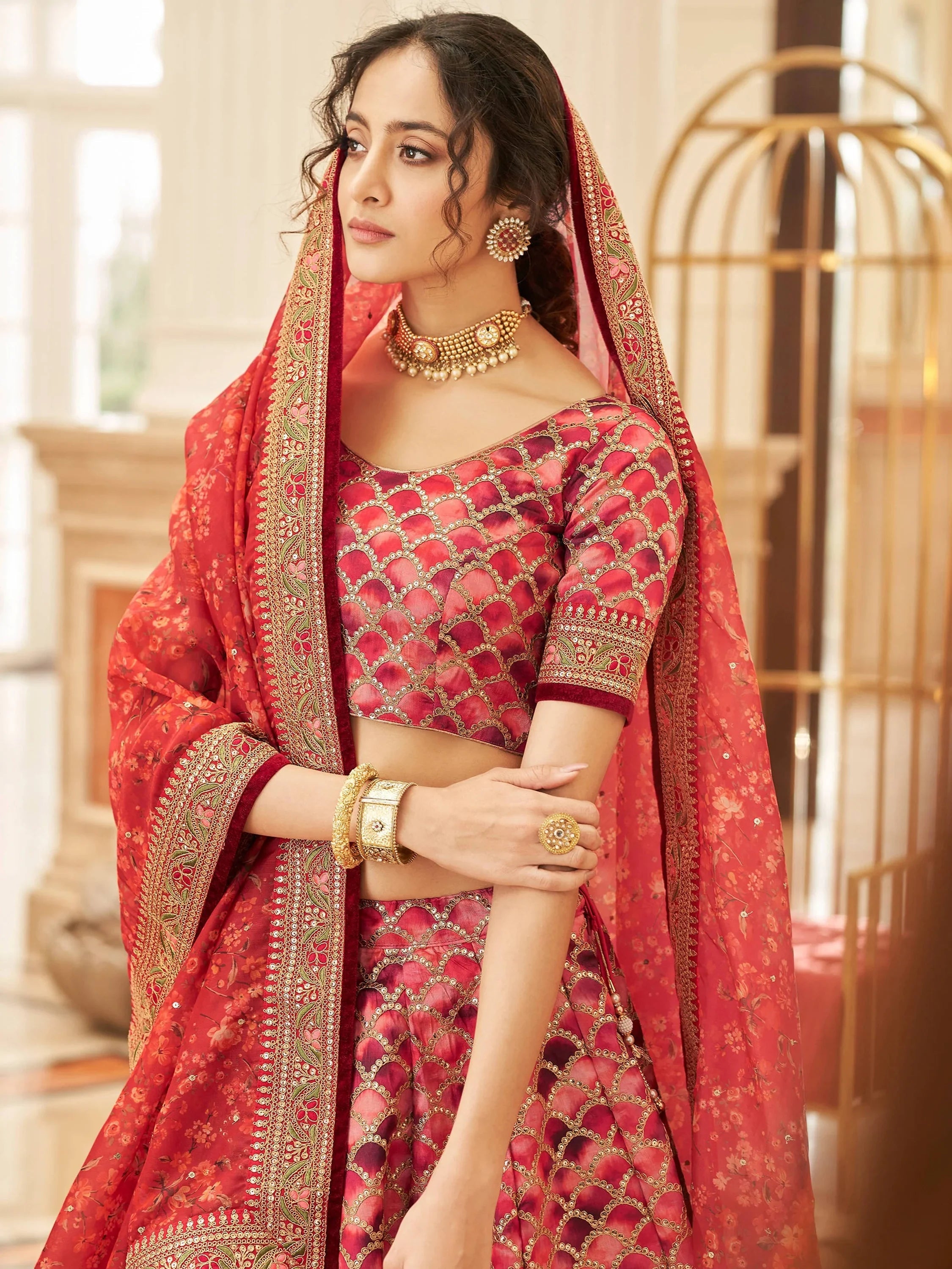 Alluring Red Embroidered Silk Function Wear Plus Size Lehenga Choli