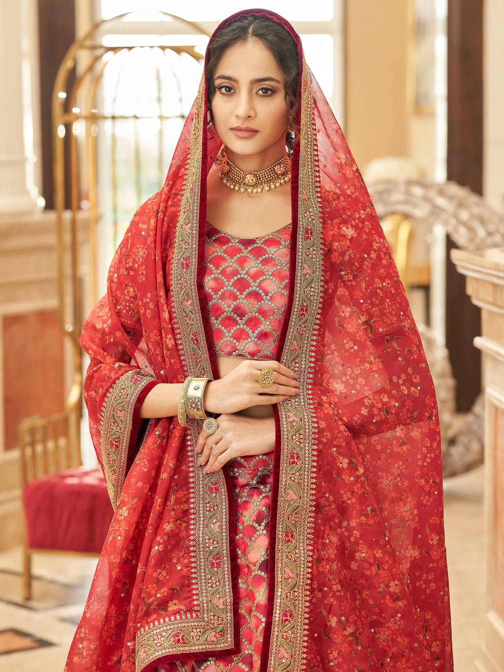 Alluring Red Embroidered Silk Function Wear Plus Size Lehenga Choli