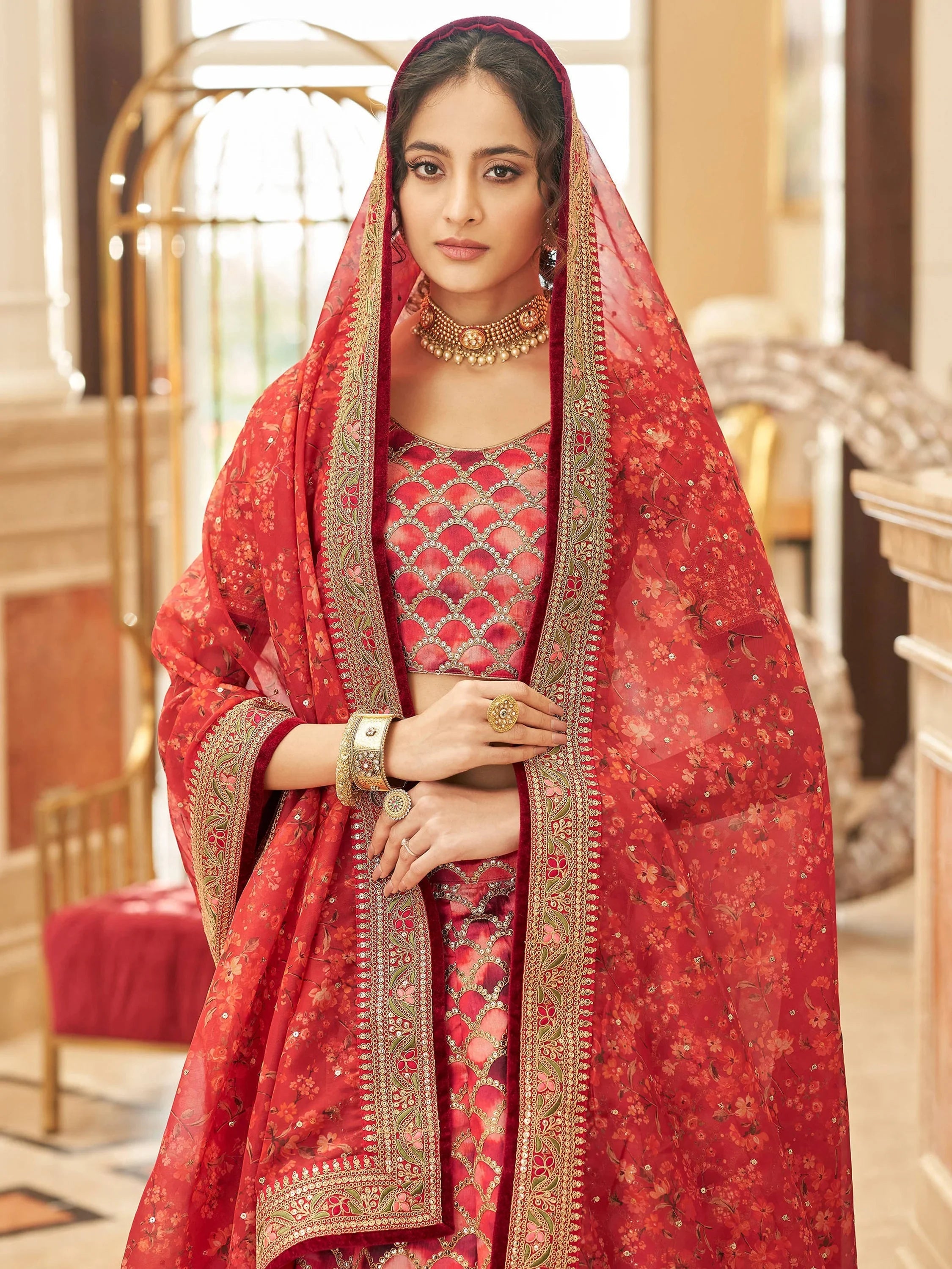 Alluring Red Embroidered Silk Function Wear Plus Size Lehenga Choli