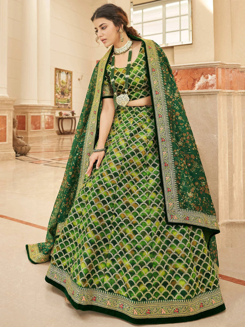 Amazing Green Embroidered Silk Festival Wear Plus Size Lehenga Choli