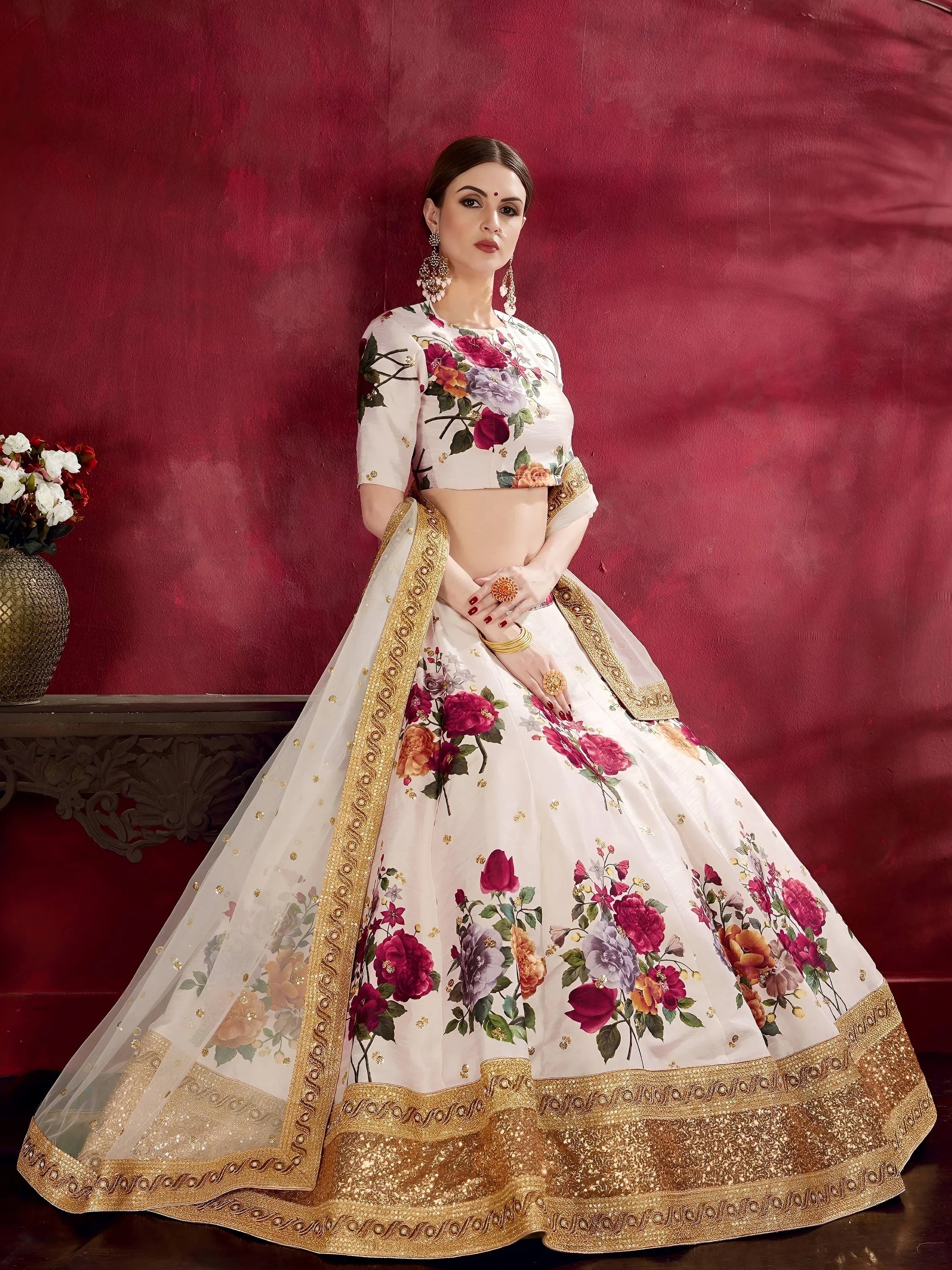 Off-White Floral Print Banglori Silk Bridal Lehenga Choli With Dupatta