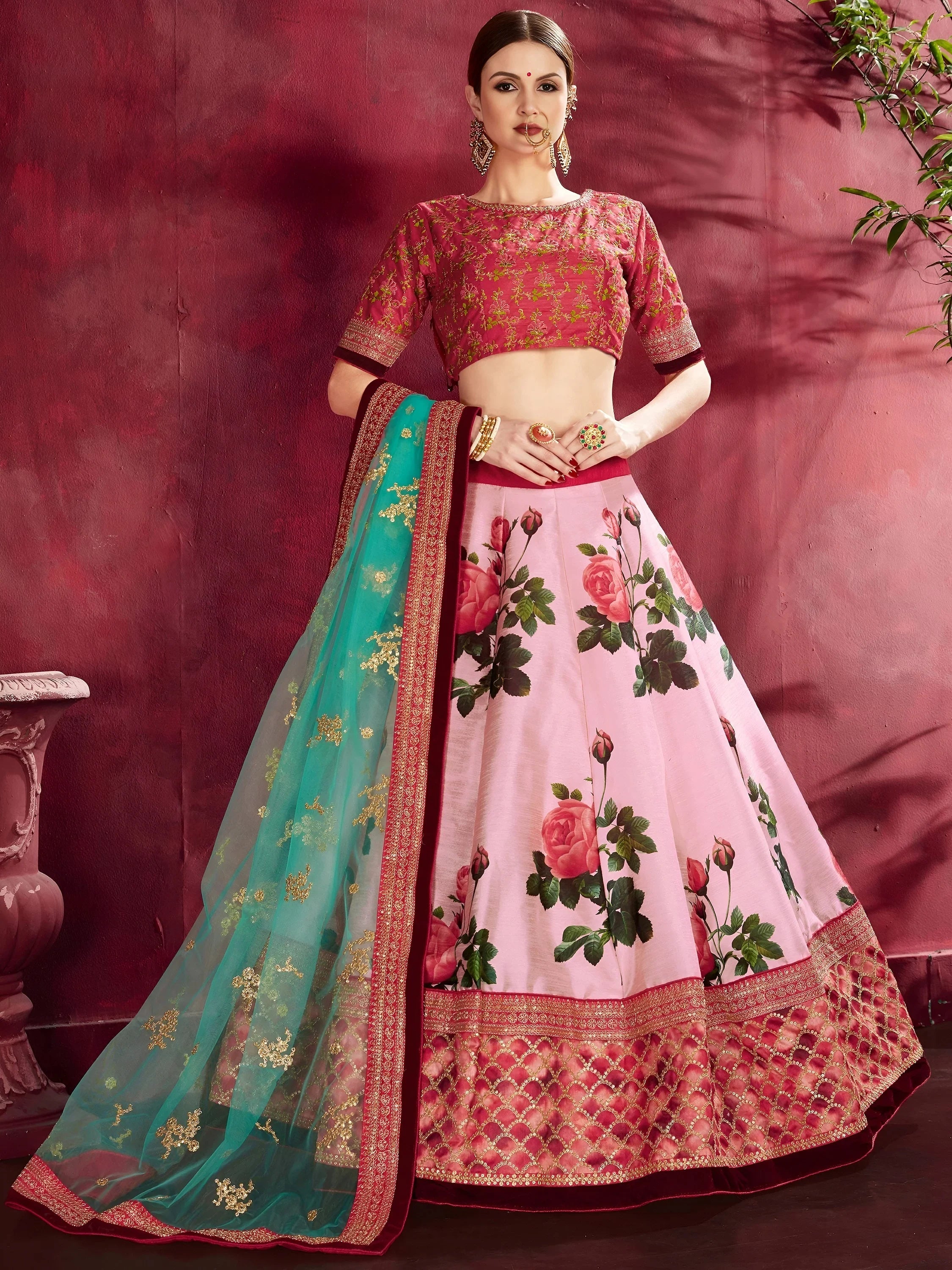 Rose Floral Print Banglori Silk Bridal Lehenga With Choli And Dupatta