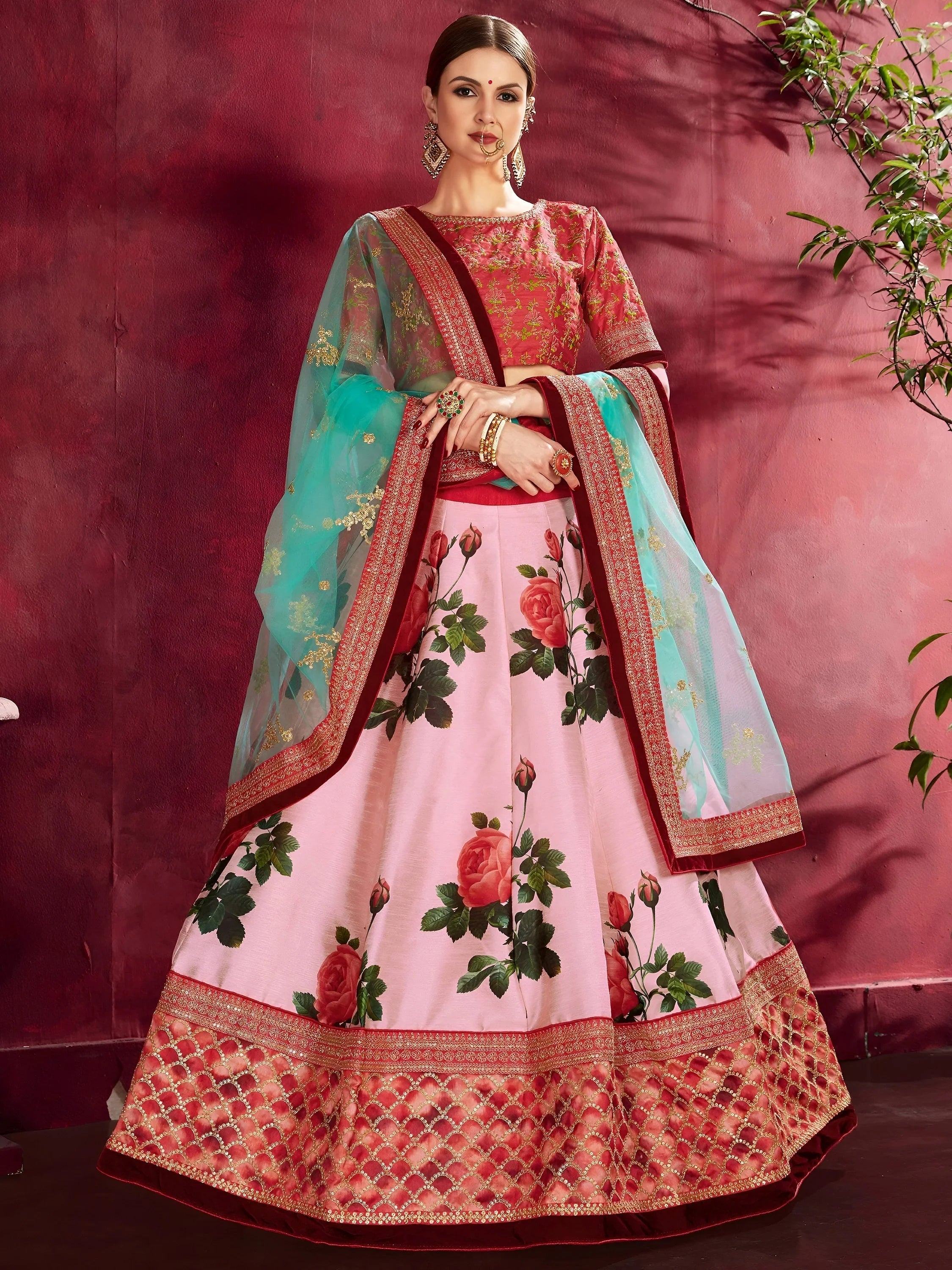 Pink Floral Print Banglori Silk Bridal Lehenga With Choli And Dupatta