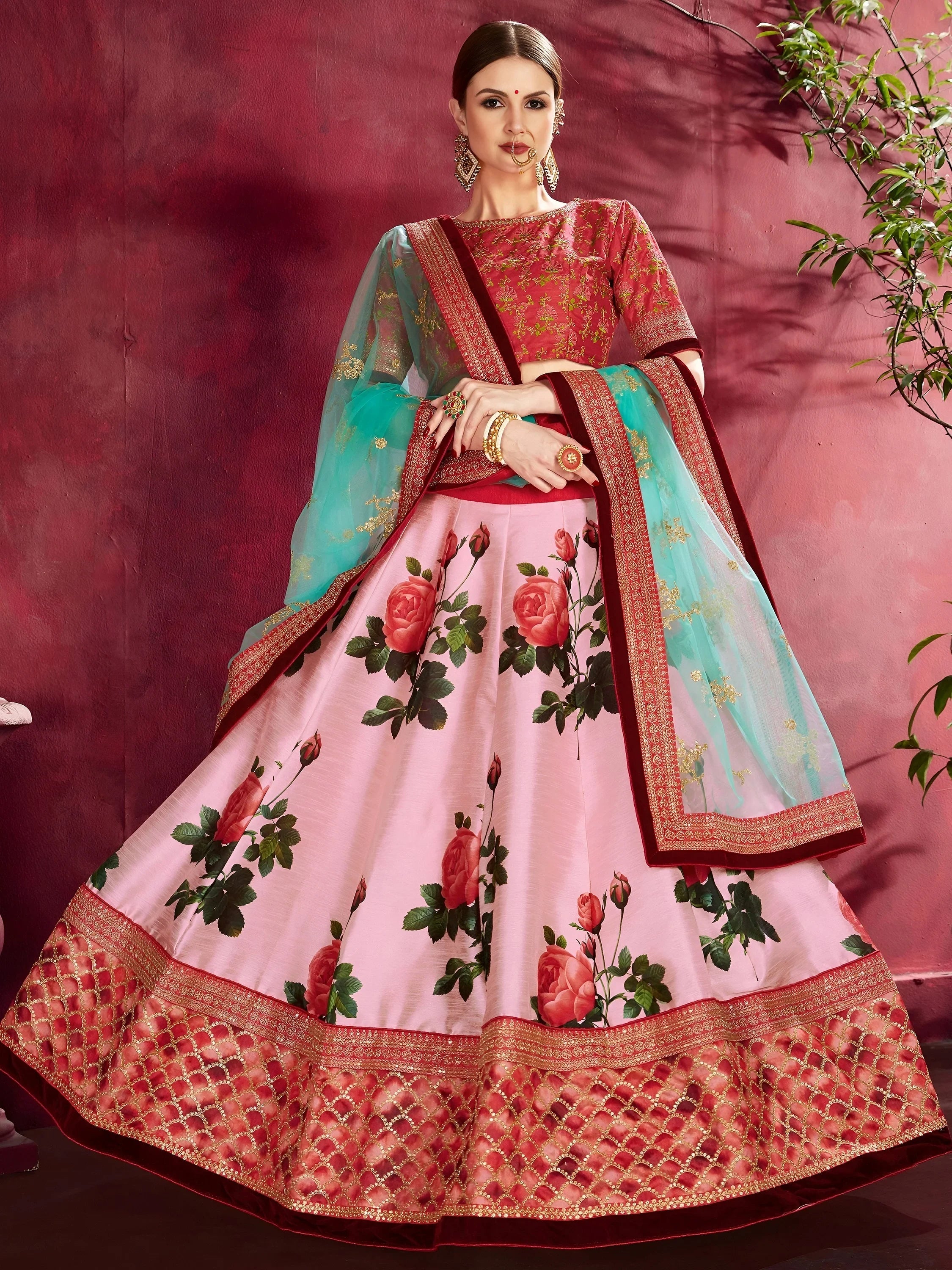 Rose Floral Print Banglori Silk Bridal Lehenga With Choli And Dupatta