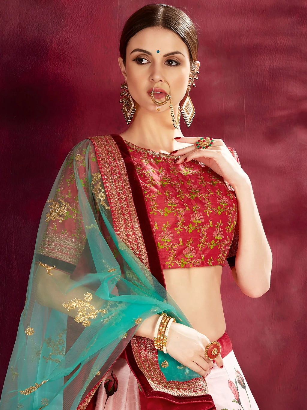 Rose Floral Print Banglori Silk Bridal Lehenga With Choli And Dupatta