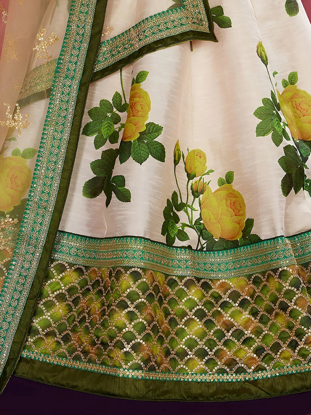 Cream Floral Print Banglori Silk Bridal Lehenga Choli With Dupatta