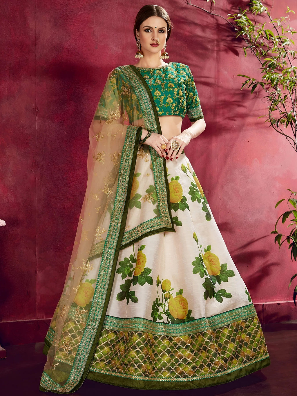 Cream Floral Print Banglori Silk Bridal Lehenga Choli With Dupatta