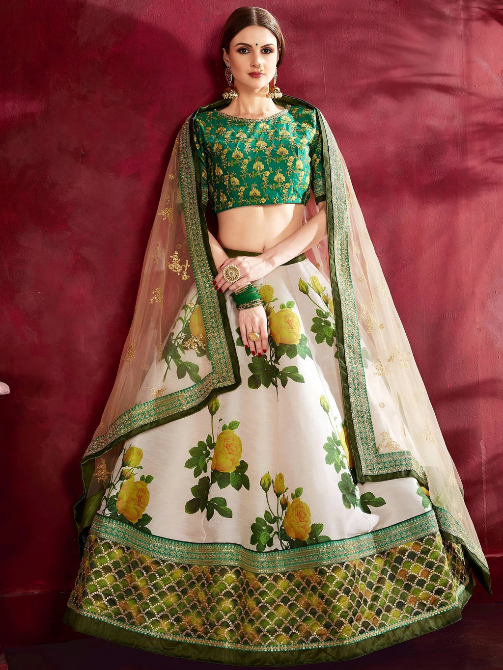 Green Floral Print Banglori Silk Bridal Lehenga Choli With Dupatta