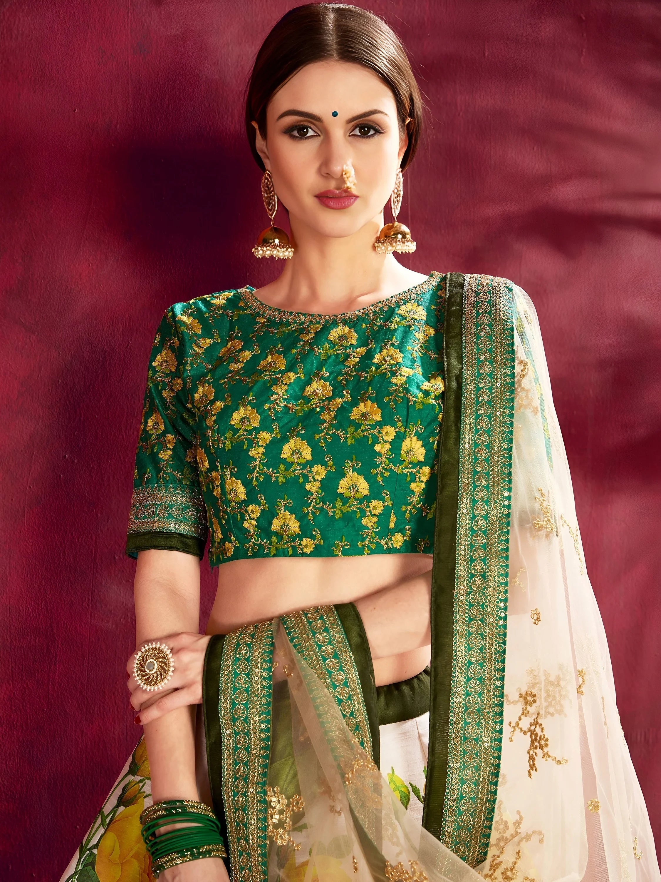 Cream Floral Print Banglori Silk Bridal Lehenga Choli With Dupatta