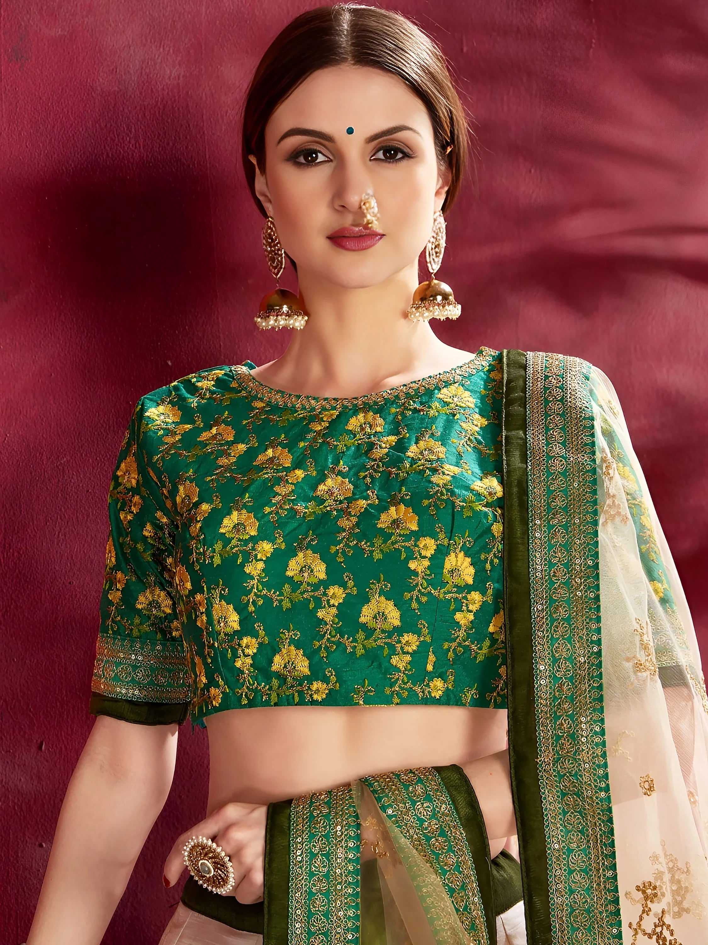 Cream Floral Print Banglori Silk Bridal Lehenga Choli With Dupatta