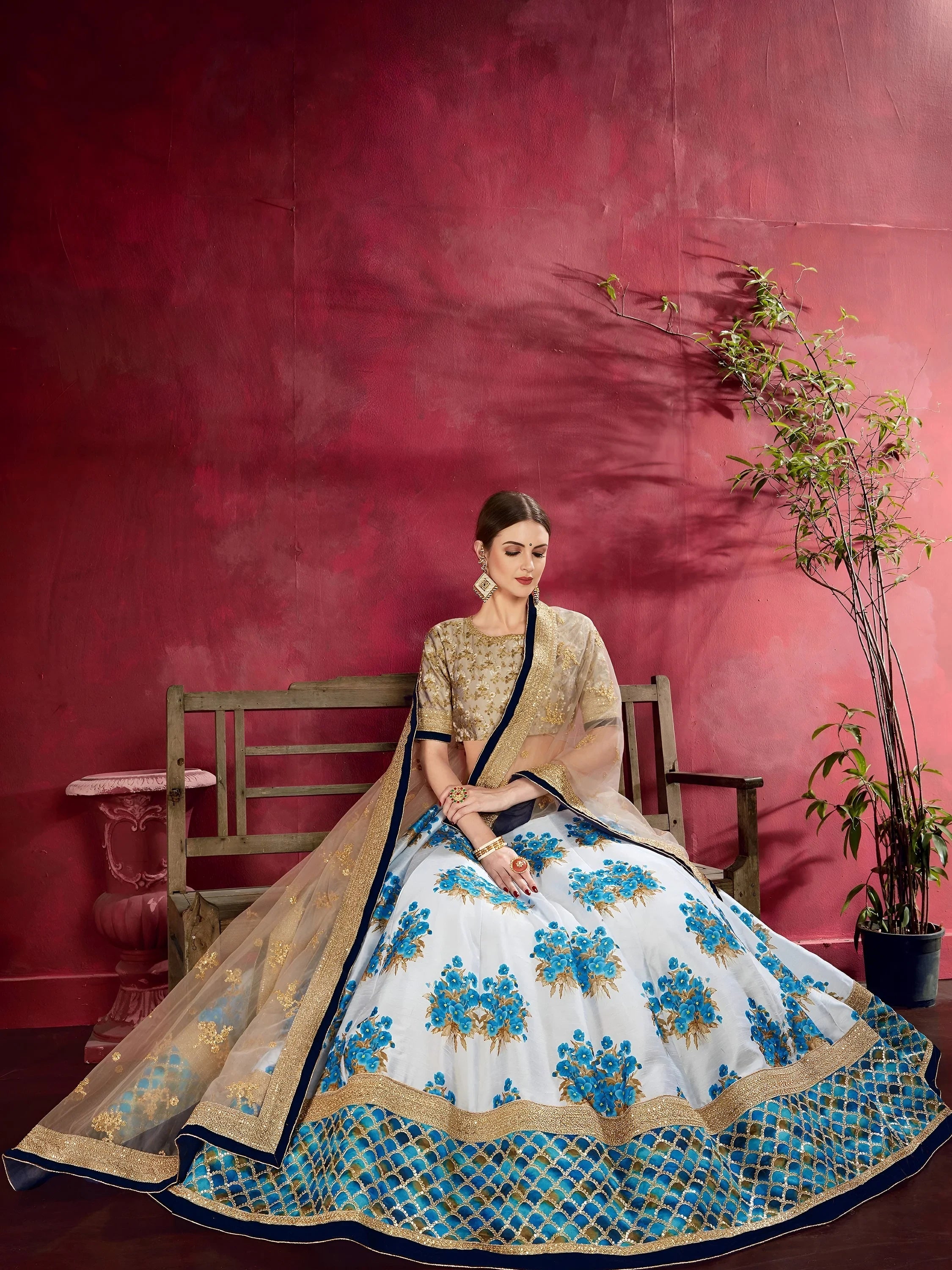 Attractive White Floral Print Banglori Silk Wedding Lehenga Choli