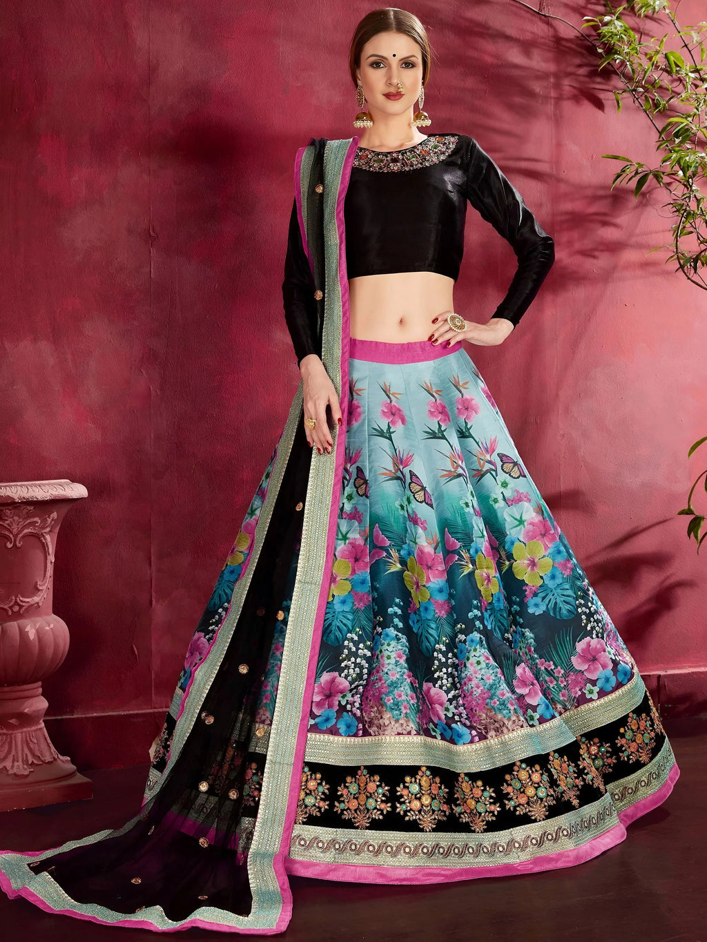 Attractive Blue Floral Printed Banglori Silk Bridal Lehenga With Black Choli
